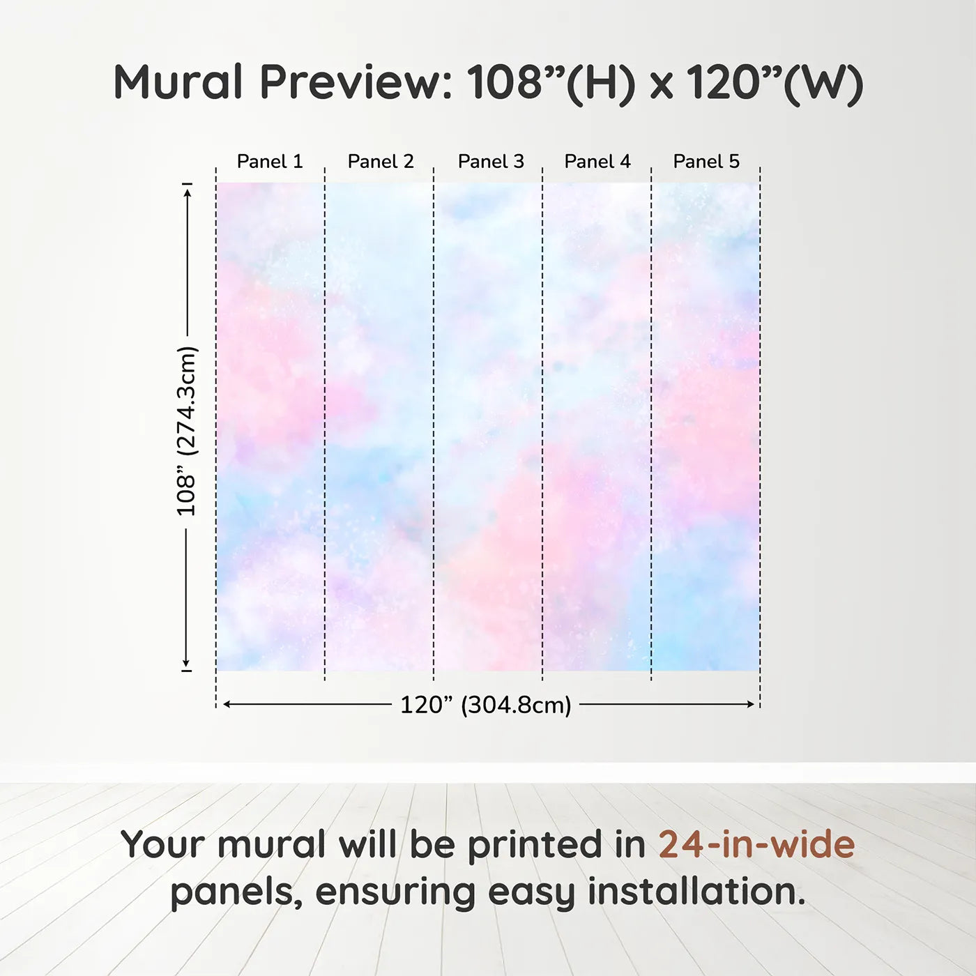 Whimsy Tots Pastel Galaxy Cloud Wall Muraldimension view (108" H x 120" W). Printed in five 24-inch-wide panels. Gender-Neutral