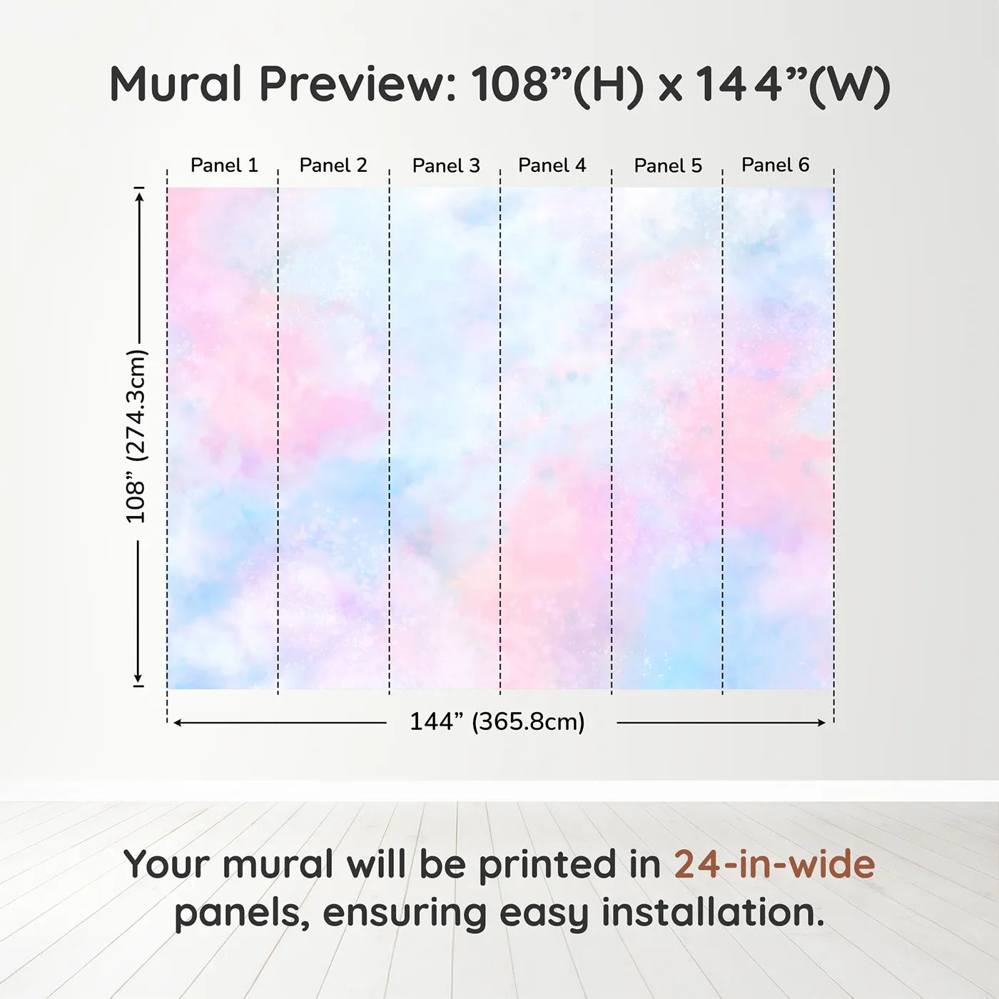 Whimsy Tots Pastel Galaxy Cloud Wall Muraldimension view (108" H x 144" W). Printed in six 24-inch-wide panels. Gender-Neutral
