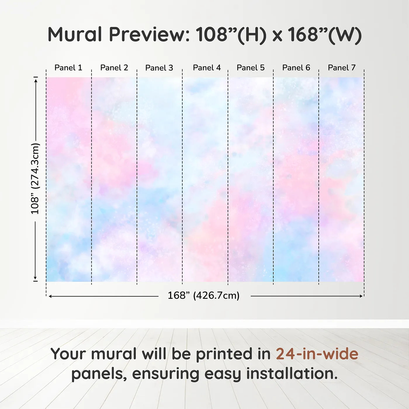 Whimsy Tots Pastel Galaxy Cloud Wall Muraldimension view (108" H x 168" W). Printed in seven 24-inch-wide panels. Gender-Neutral