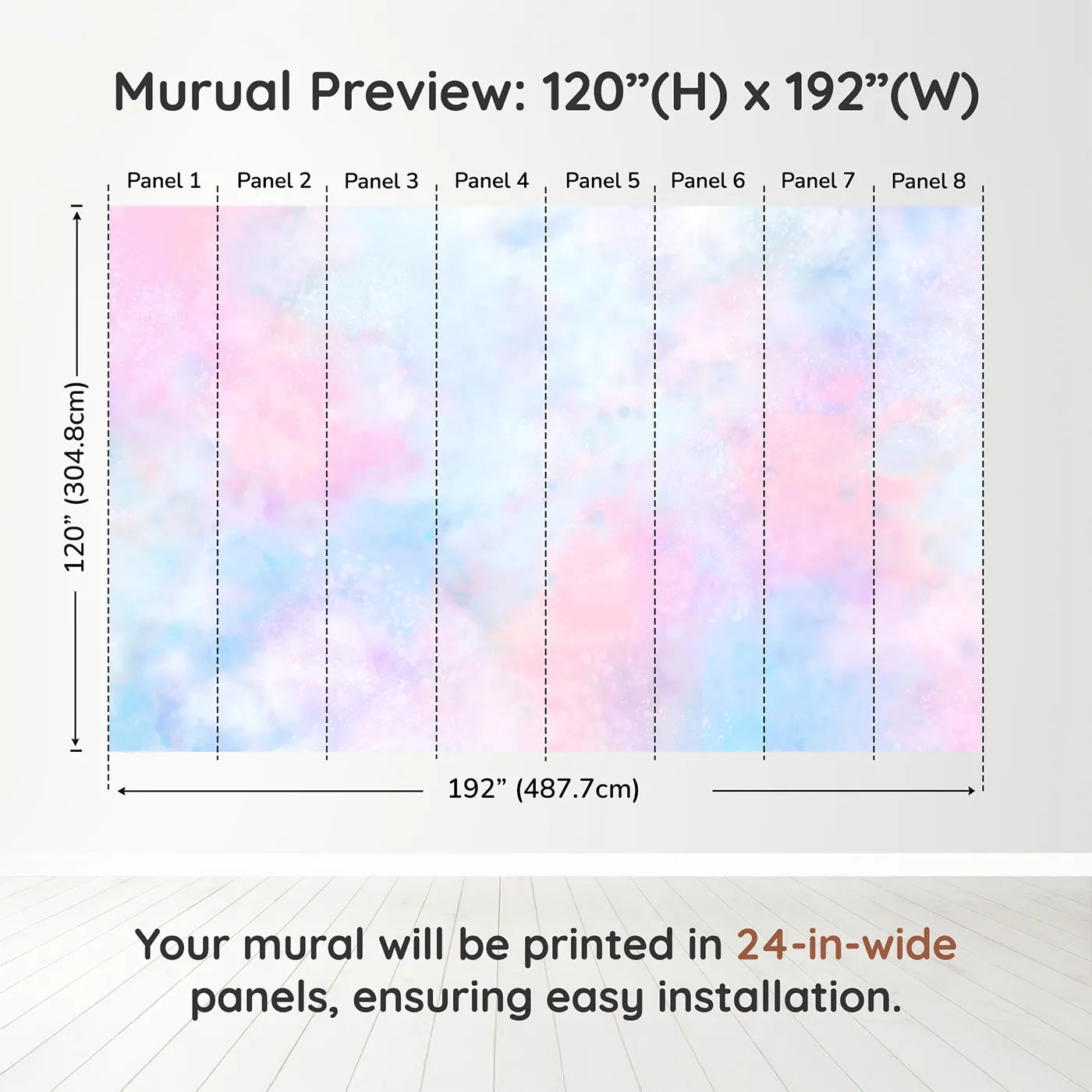Whimsy Tots Pastel Galaxy Cloud Wall Muraldimension view (120" H x 192" W). Printed in eight 24-inch-wide panels. Gender-Neutral