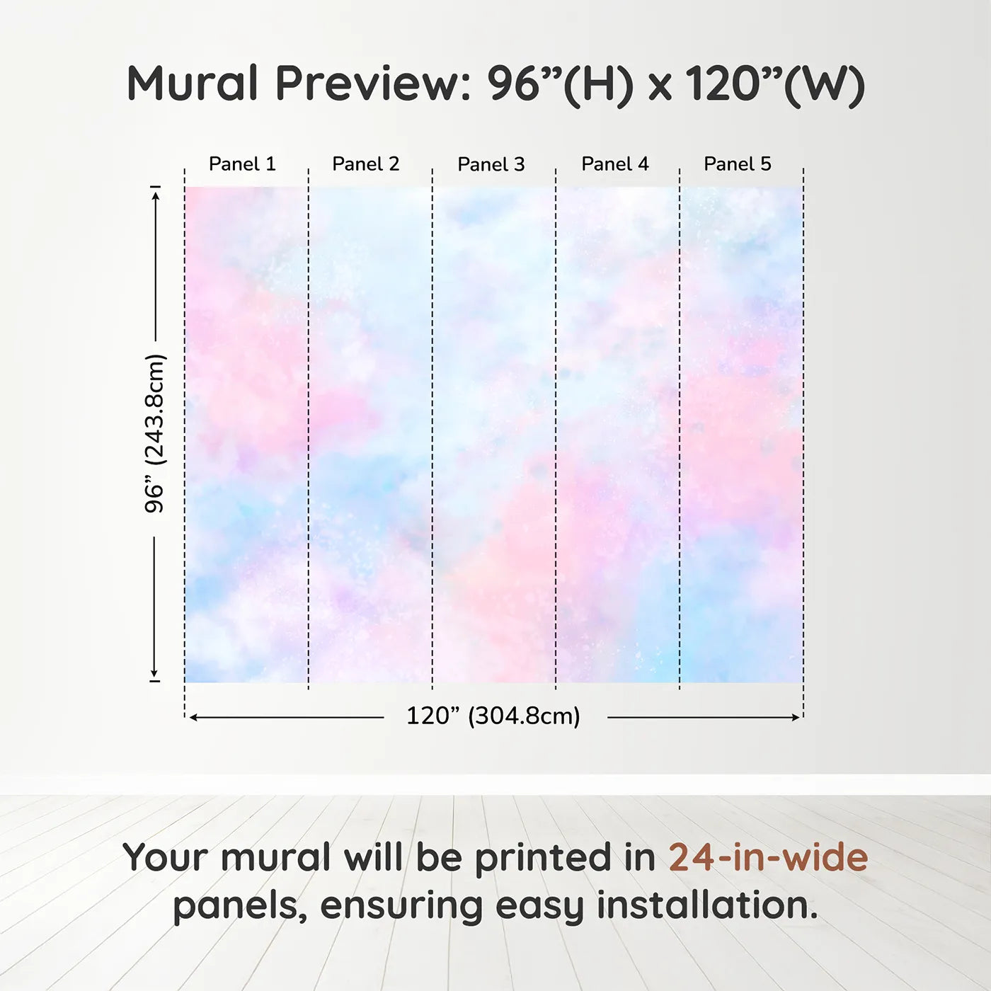 Whimsy Tots Pastel Galaxy Cloud Wall Muraldimension view (96" H x 120" W). Printed in five 24-inch-wide panels. Gender-Neutral