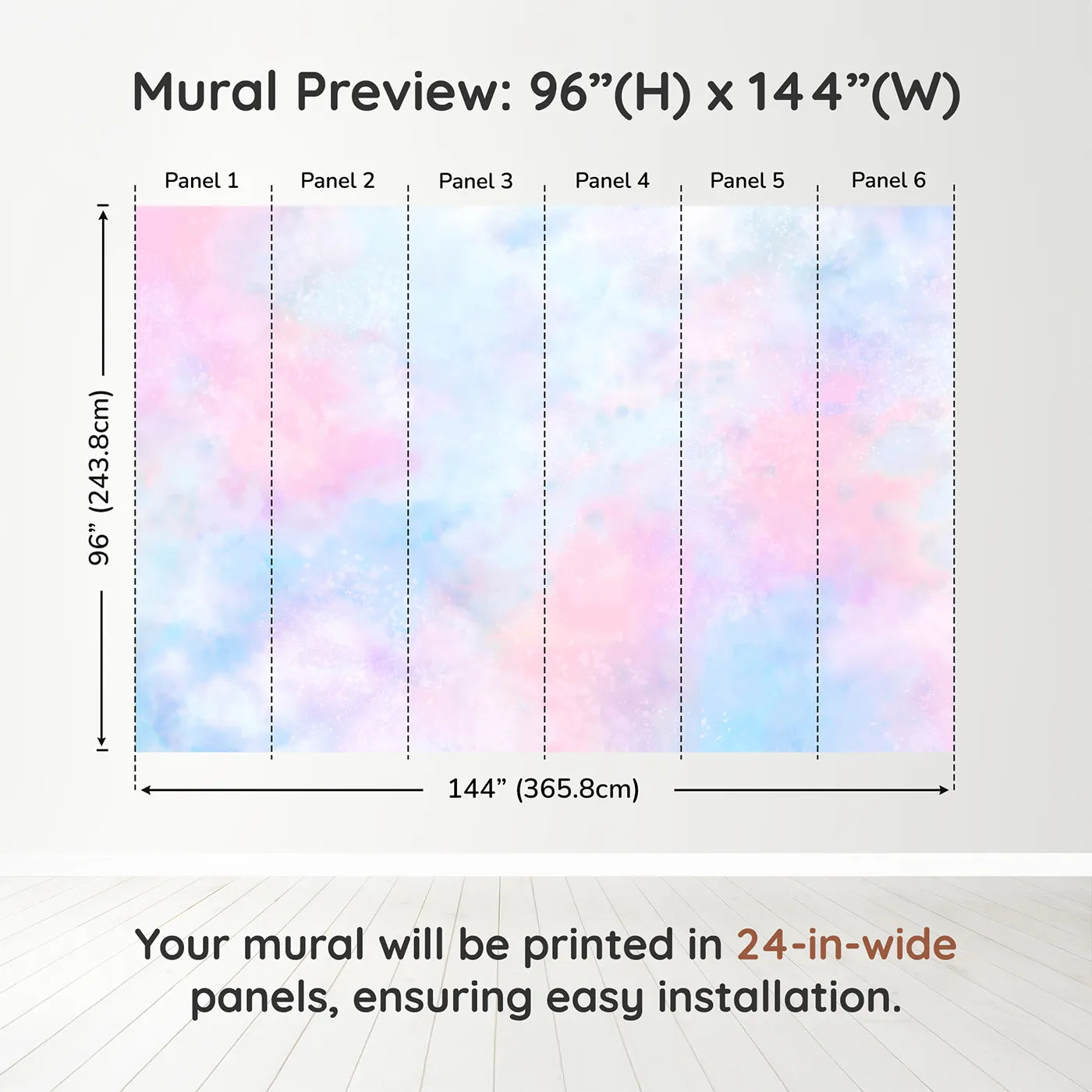 Whimsy Tots Pastel Galaxy Cloud Wall Muraldimension view (96" H x 144" W). Printed in six 24-inch-wide panels. Gender-Neutral