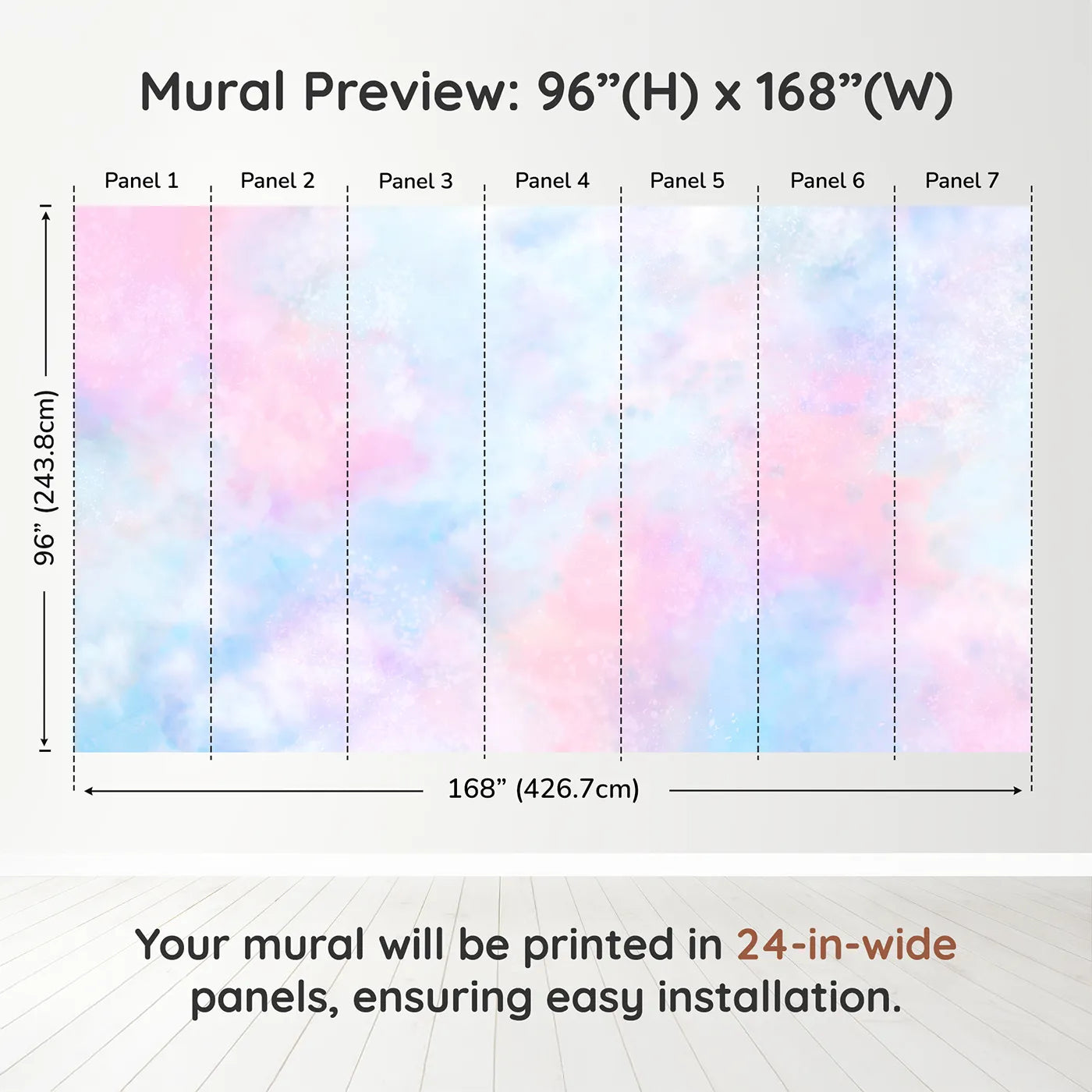 Whimsy Tots Pastel Galaxy Cloud Wall Muraldimension view (96" H x 168" W). Printed in seven 24-inch-wide panels. Gender-Neutral