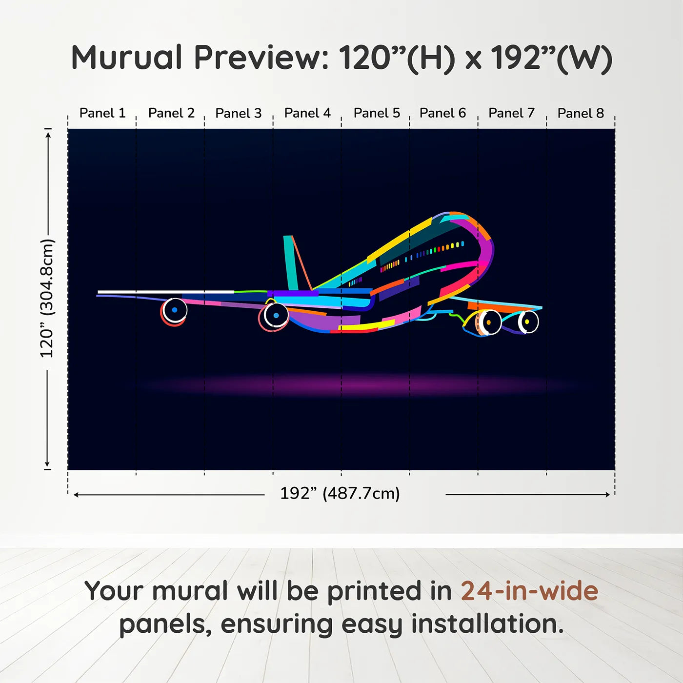 Whimsy Tots Pop Art Airplane Wall Muraldimension view (120" H x 192" W). Printed in eight 24-inch-wide panels. Gender-Neutral