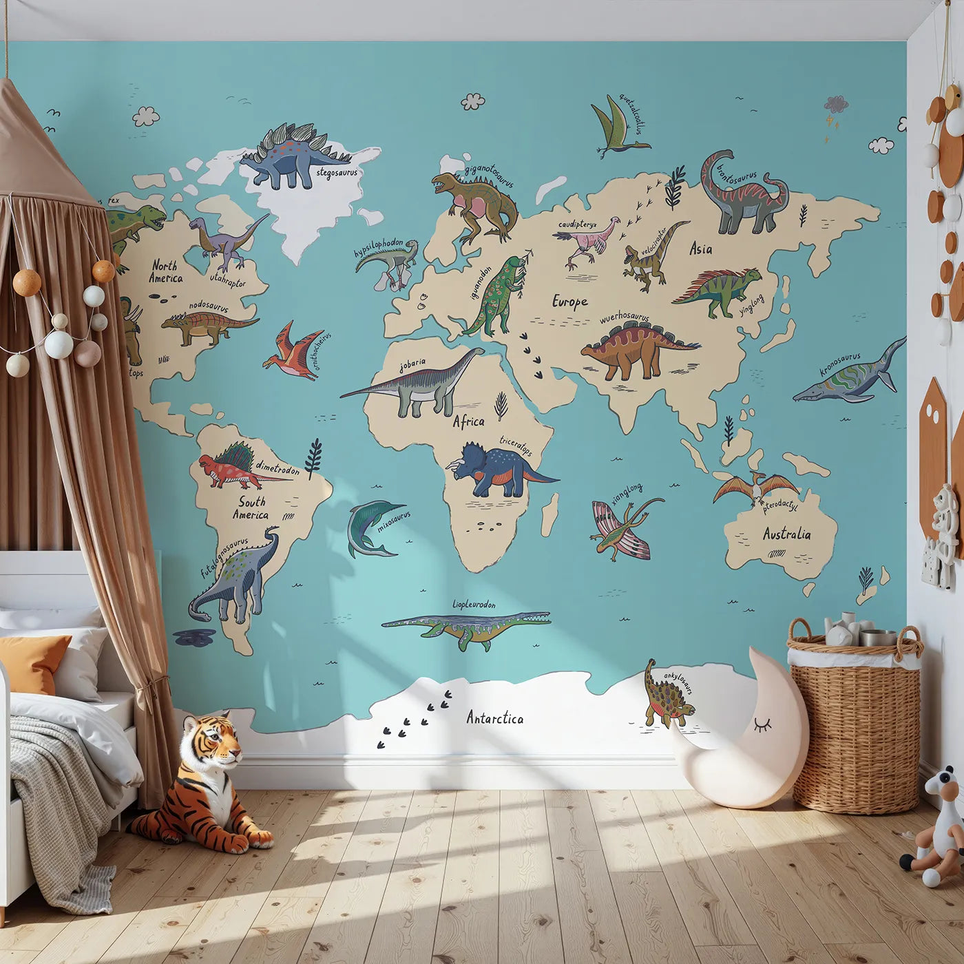Front view of Whimsy Tots' Doodle Dinosaur World Map Wall Mural in Color