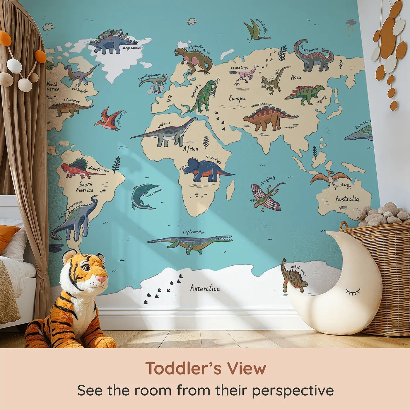 Whimsy Tots Doodle Dinosaur World Map Wall Mural in Color (Turn Their Room into a Fun and Colorful Prehistoric Planet) from your child's view.Gender-Neutral
