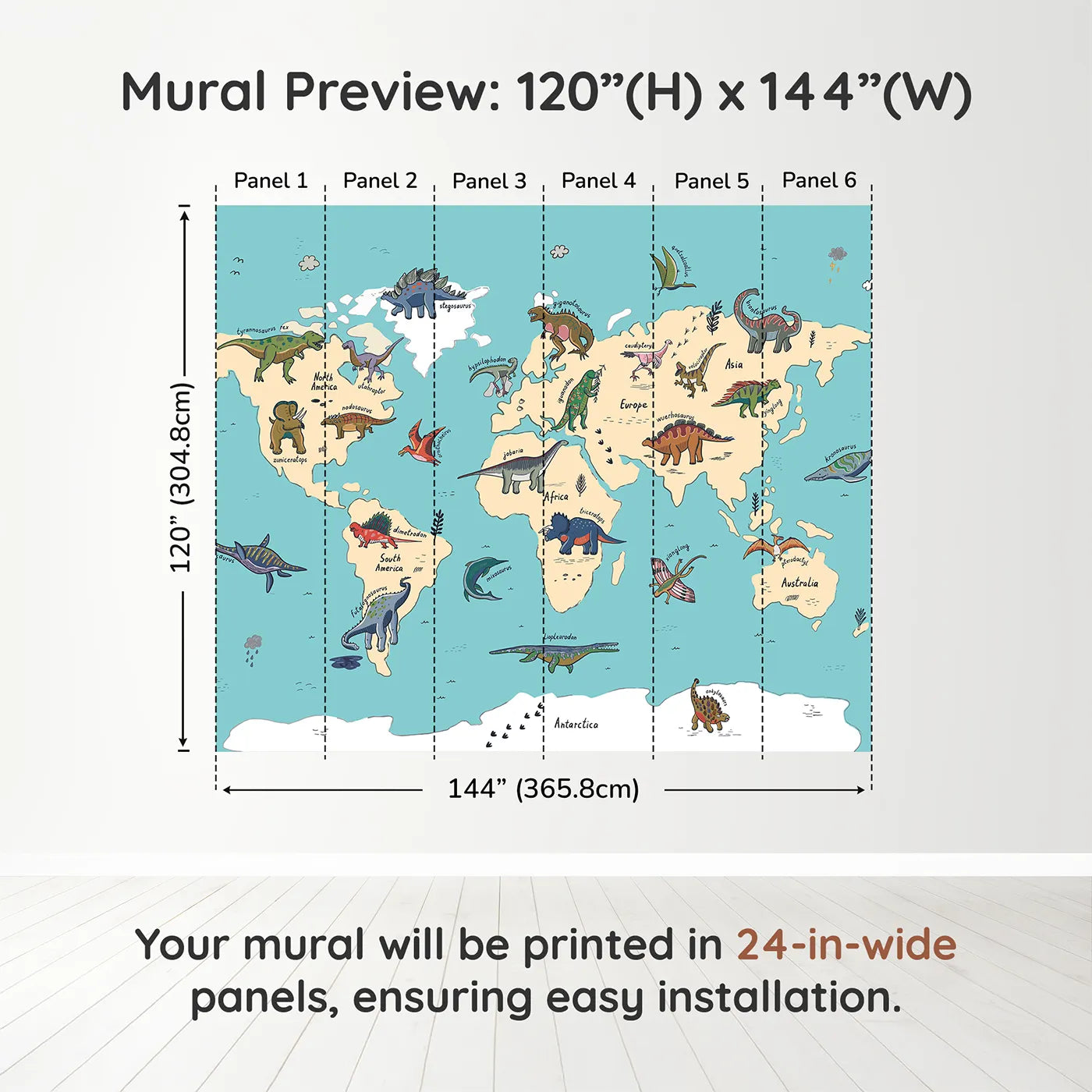 Whimsy Tots Doodle Dinosaur World Map Wall Mural in Colordimension view (120" H x 144" W). Printed in six 24-inch-wide panels. Gender-Neutral