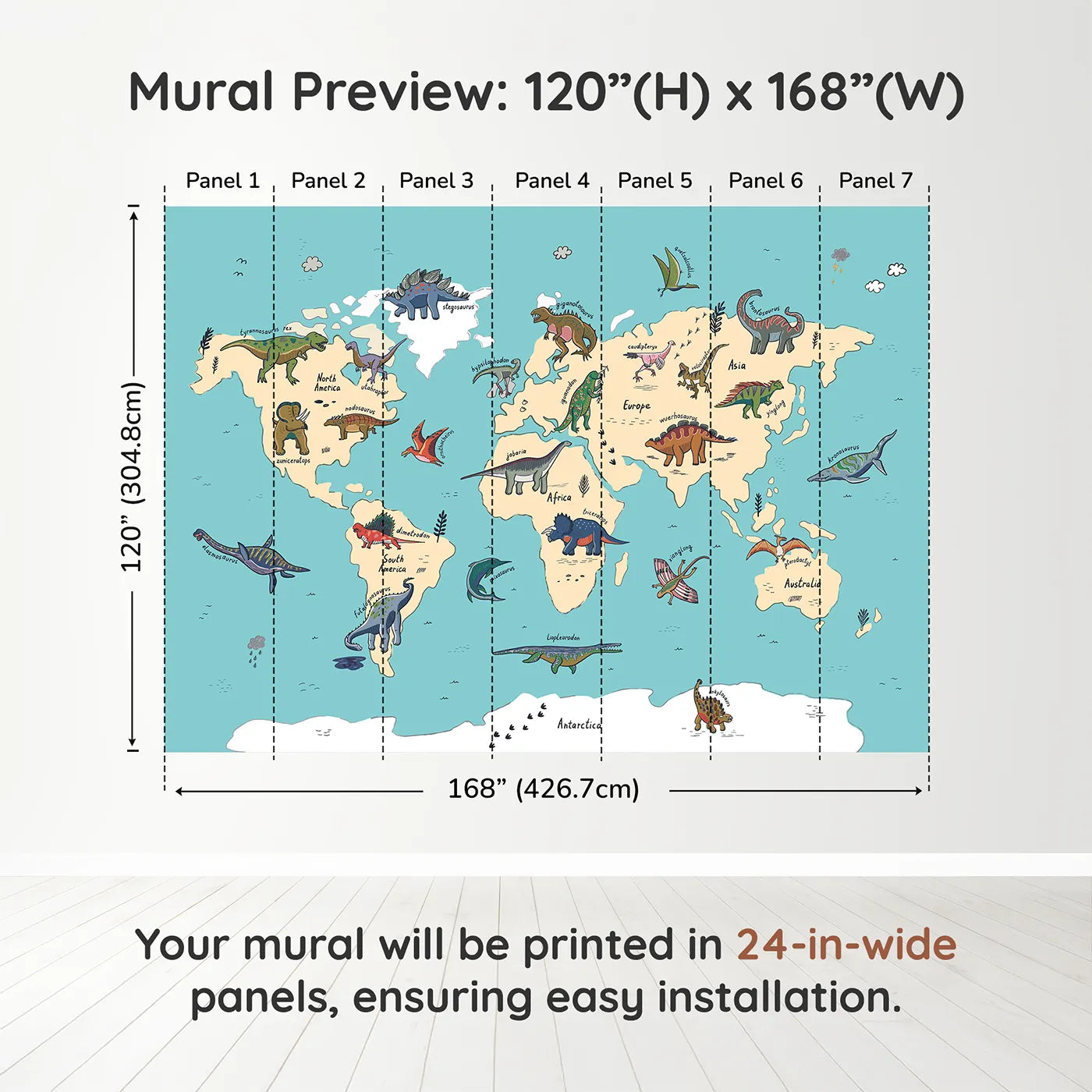 Whimsy Tots Doodle Dinosaur World Map Wall Mural in Colordimension view (120" H x 168" W). Printed in seven 24-inch-wide panels. Gender-Neutral