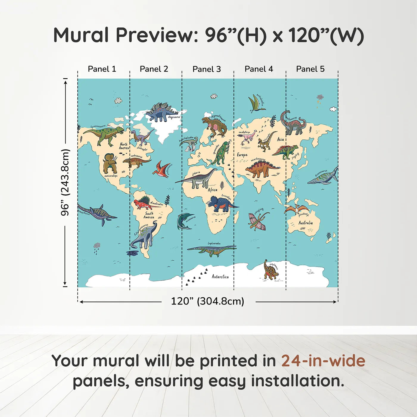 Whimsy Tots Doodle Dinosaur World Map Wall Mural in Colordimension view (96" H x 120" W). Printed in five 24-inch-wide panels. Gender-Neutral