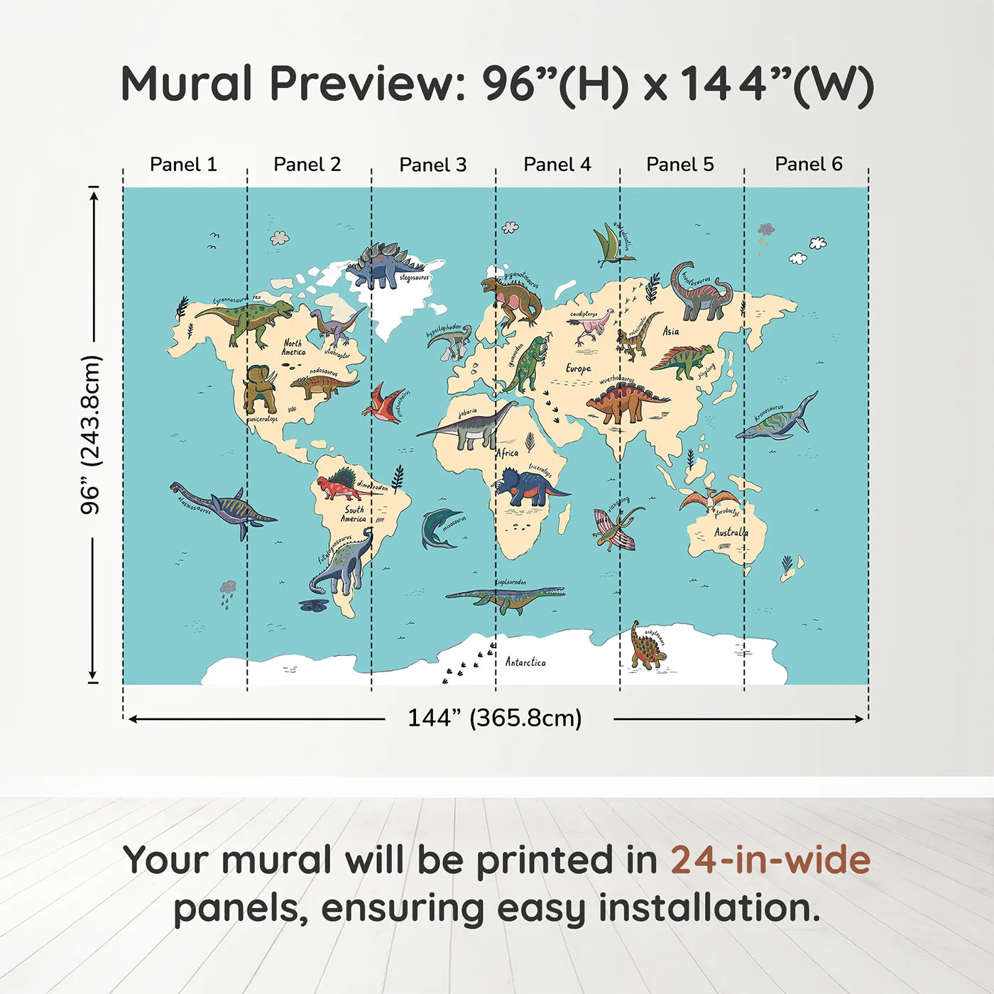 Whimsy Tots Doodle Dinosaur World Map Wall Mural in Colordimension view (96" H x 144" W). Printed in six 24-inch-wide panels. Gender-Neutral