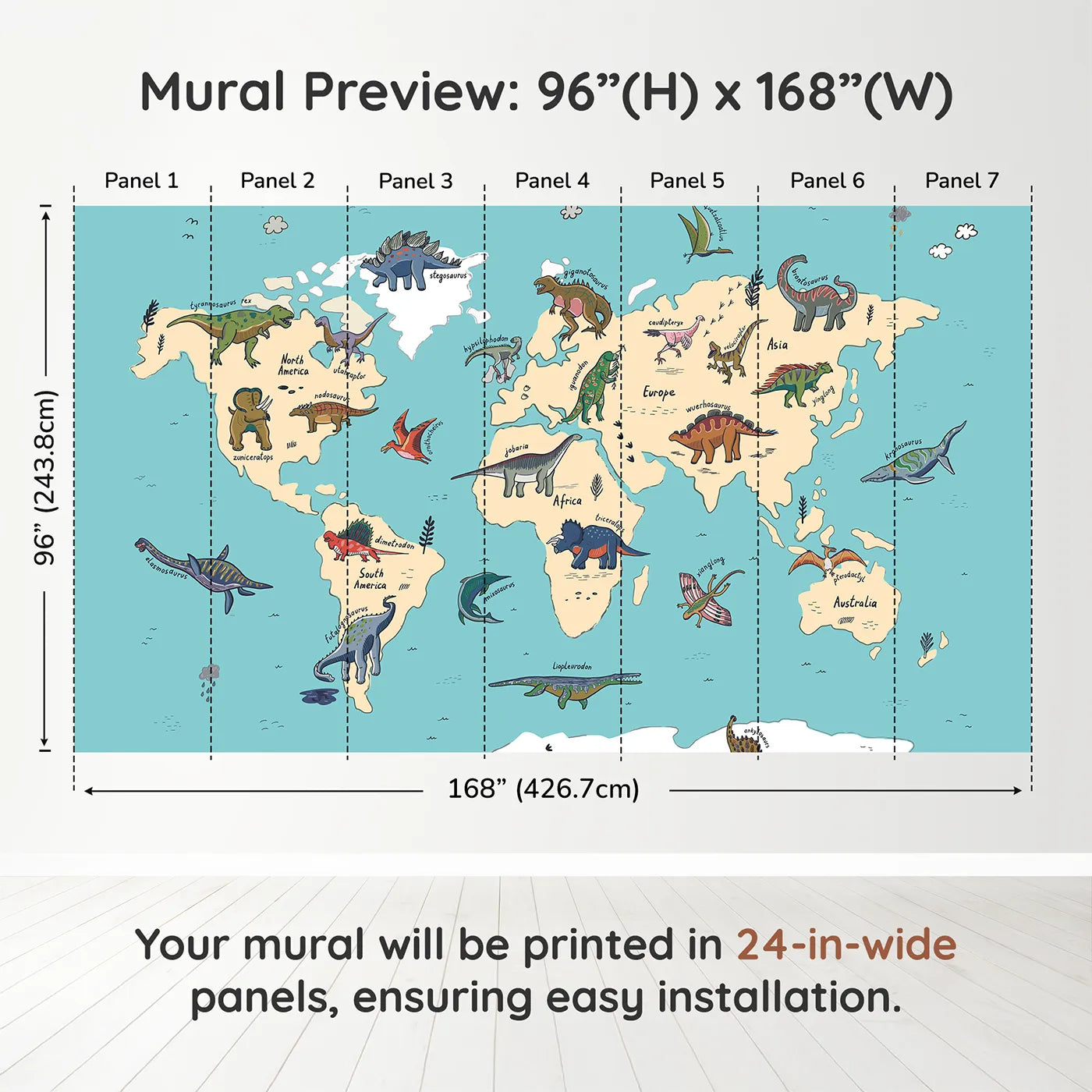 Whimsy Tots Doodle Dinosaur World Map Wall Mural in Colordimension view (96" H x 168" W). Printed in seven 24-inch-wide panels. Gender-Neutral