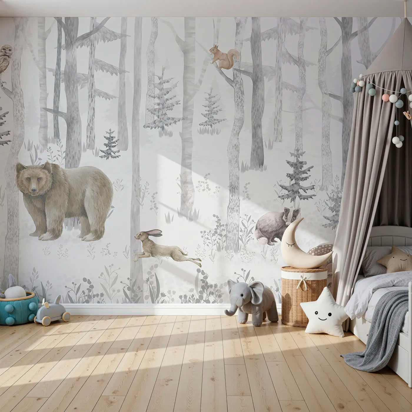 Front view of Whimsy Tots' Misty Winter Woods Wall Mural