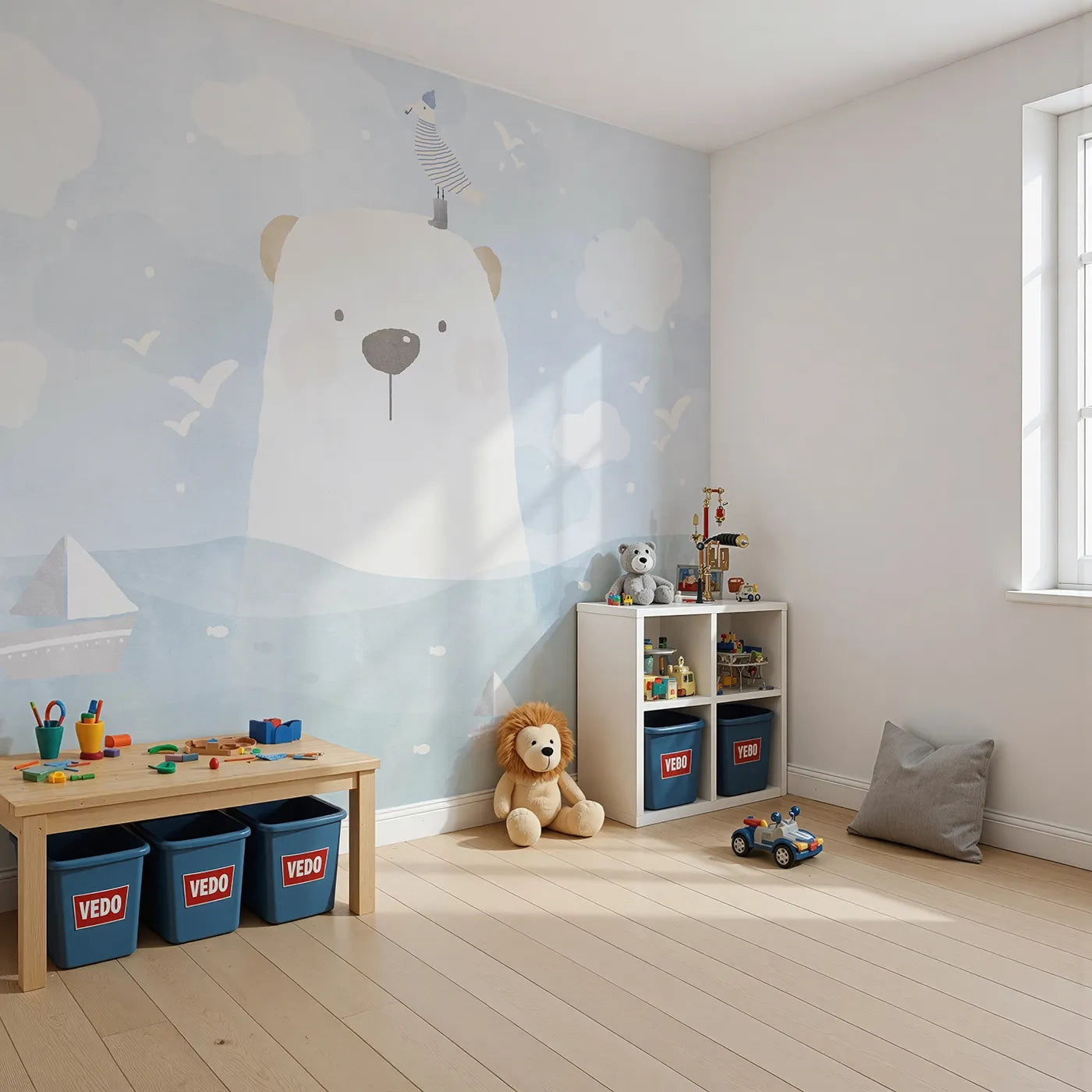 Angled view of Whimsy Tots' Polar Bear Sailor Wall Mural (Turn Their Room into a Sweet and Gentle Arctic Adventure).Gender-Neutral