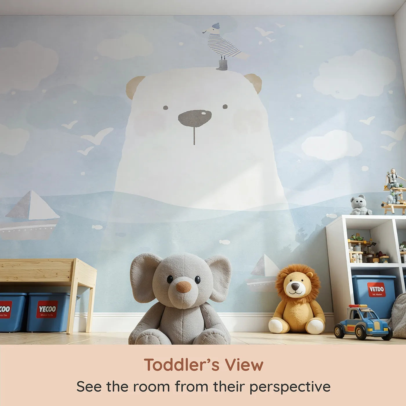 Whimsy Tots Polar Bear Sailor Wall Mural (Turn Their Room into a Sweet and Gentle Arctic Adventure) from your child's view.Gender-Neutral
