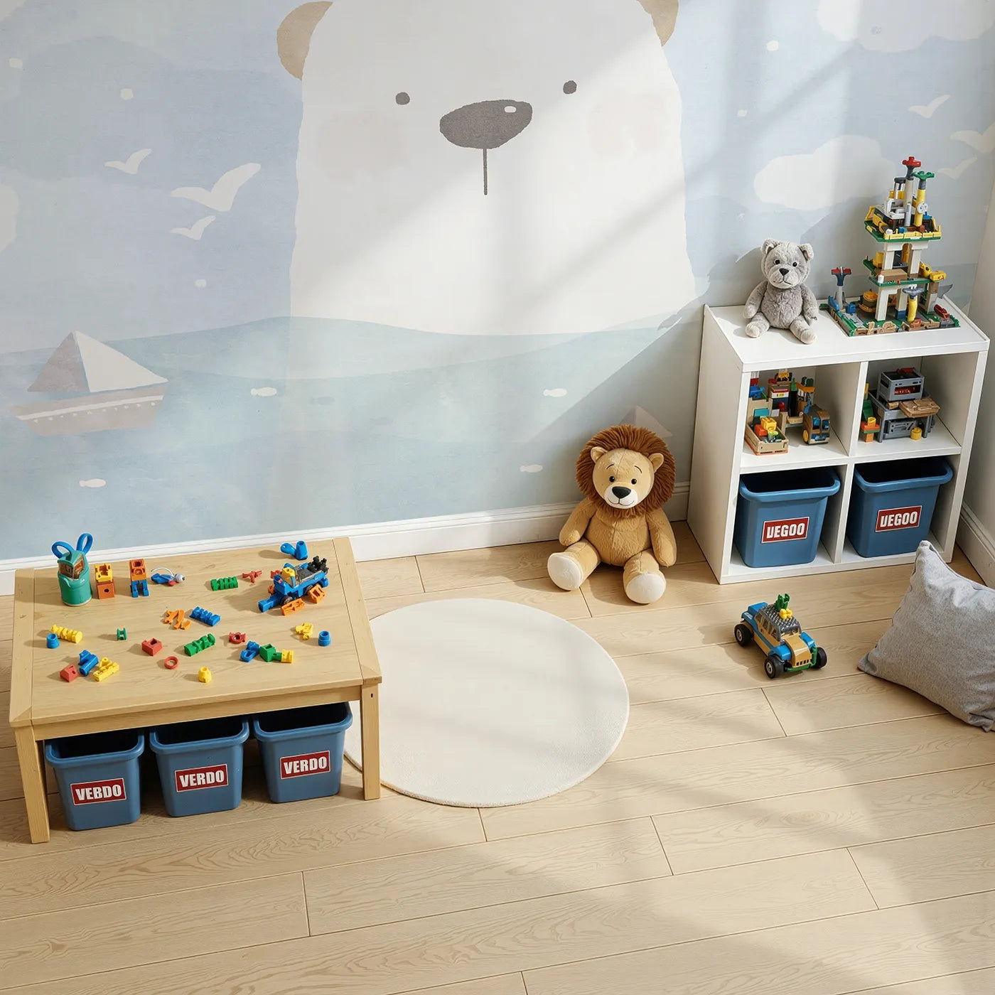 Top-down view of Whimsy Tots' Polar Bear Sailor Wall Mural (Turn Their Room into a Sweet and Gentle Arctic Adventure).Gender-Neutral