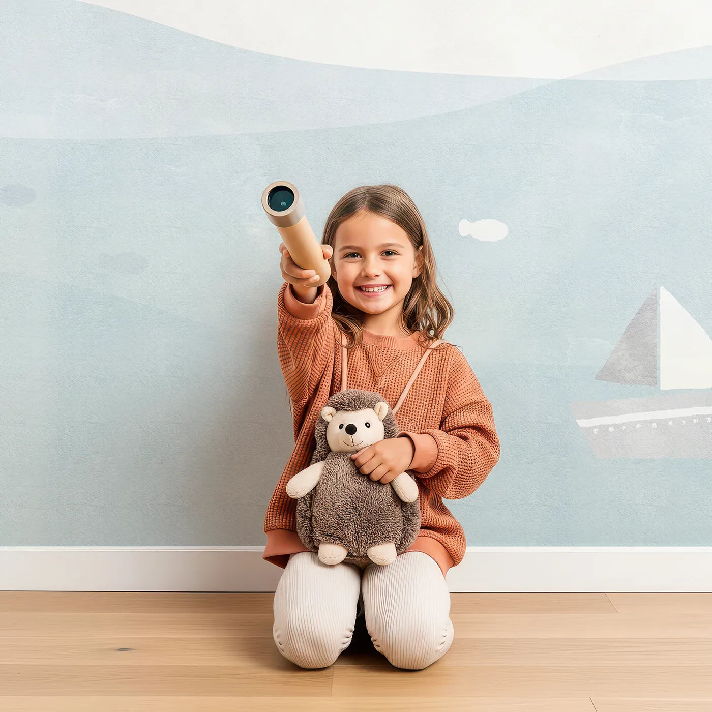 Child in front of Whimsy Tots Polar Bear Sailor Wall Mural with polar bear, bear, sea, ocean, cute, watercolor, boat, sailor in design.