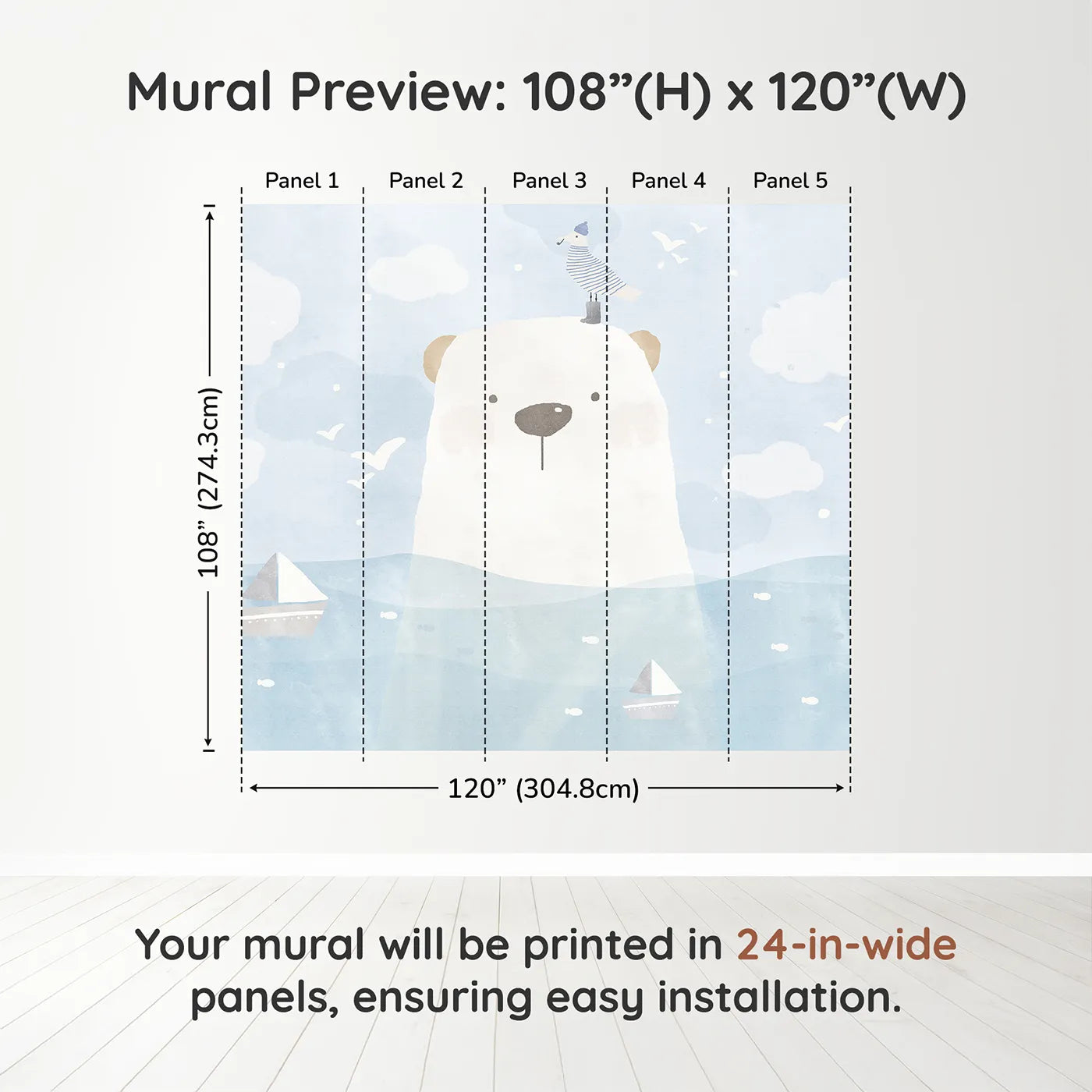 Whimsy Tots Polar Bear Sailor Wall Muraldimension view (108" H x 120" W). Printed in five 24-inch-wide panels. Gender-Neutral