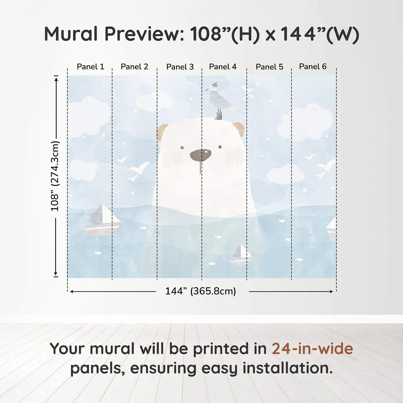 Whimsy Tots Polar Bear Sailor Wall Muraldimension view (108" H x 144" W). Printed in six 24-inch-wide panels. Gender-Neutral
