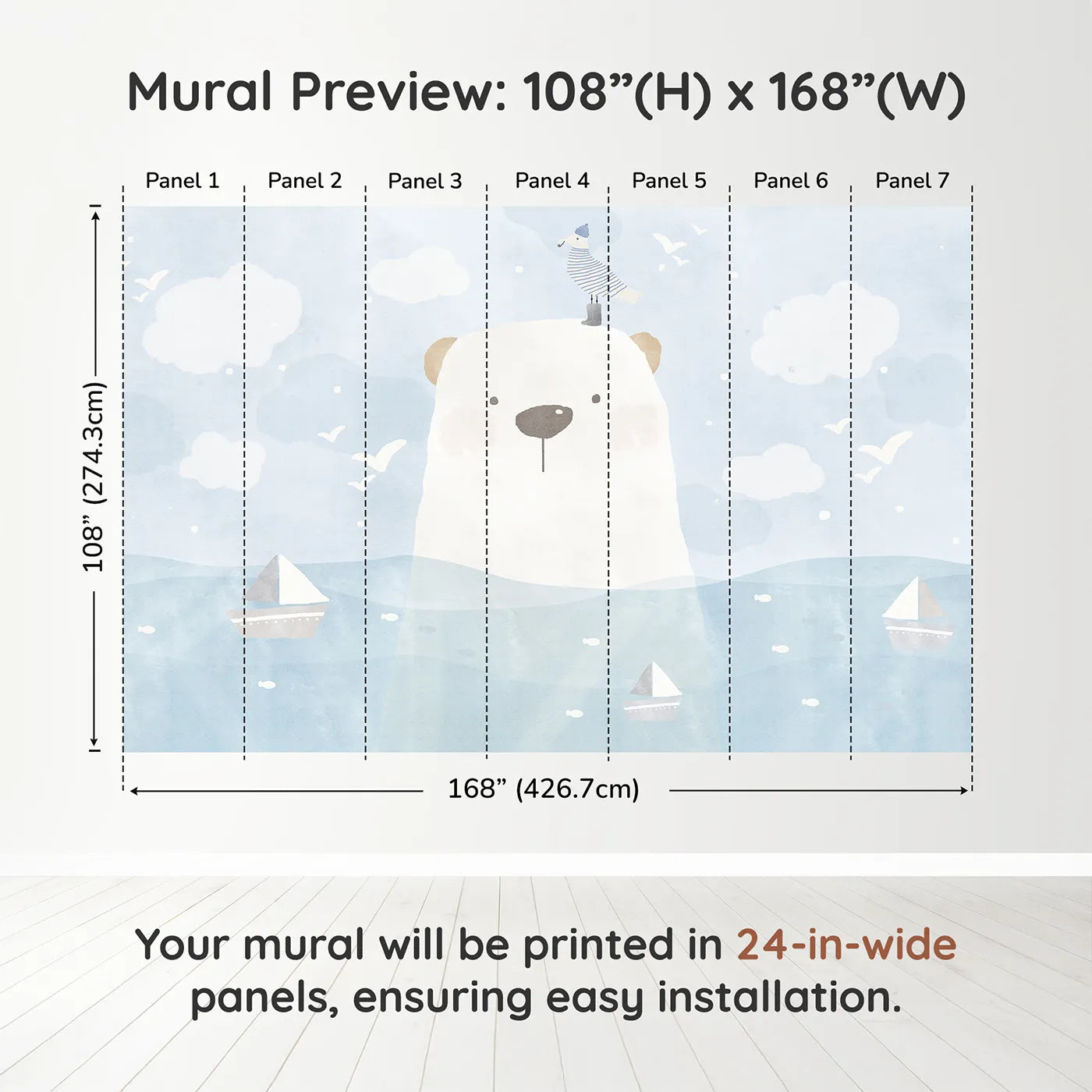Whimsy Tots Polar Bear Sailor Wall Muraldimension view (108" H x 168" W). Printed in seven 24-inch-wide panels. Gender-Neutral