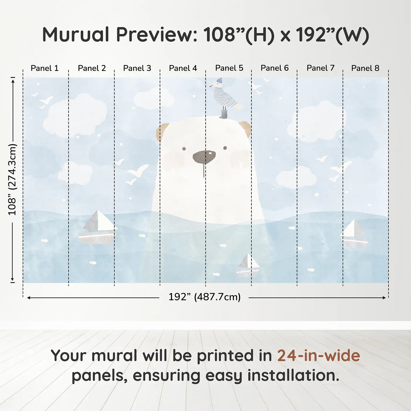 Whimsy Tots Polar Bear Sailor Wall Muraldimension view (108" H x 192" W). Printed in eight 24-inch-wide panels. Gender-Neutral