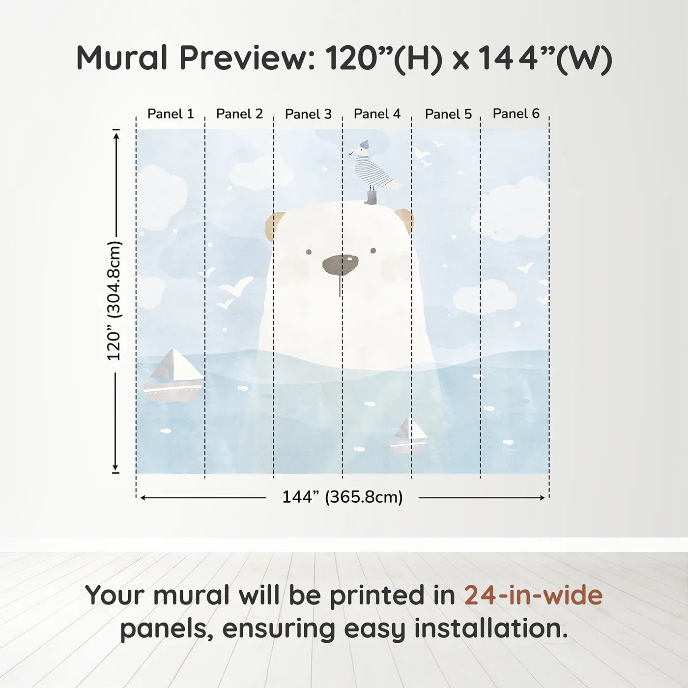 Whimsy Tots Polar Bear Sailor Wall Muraldimension view (120" H x 144" W). Printed in six 24-inch-wide panels. Gender-Neutral