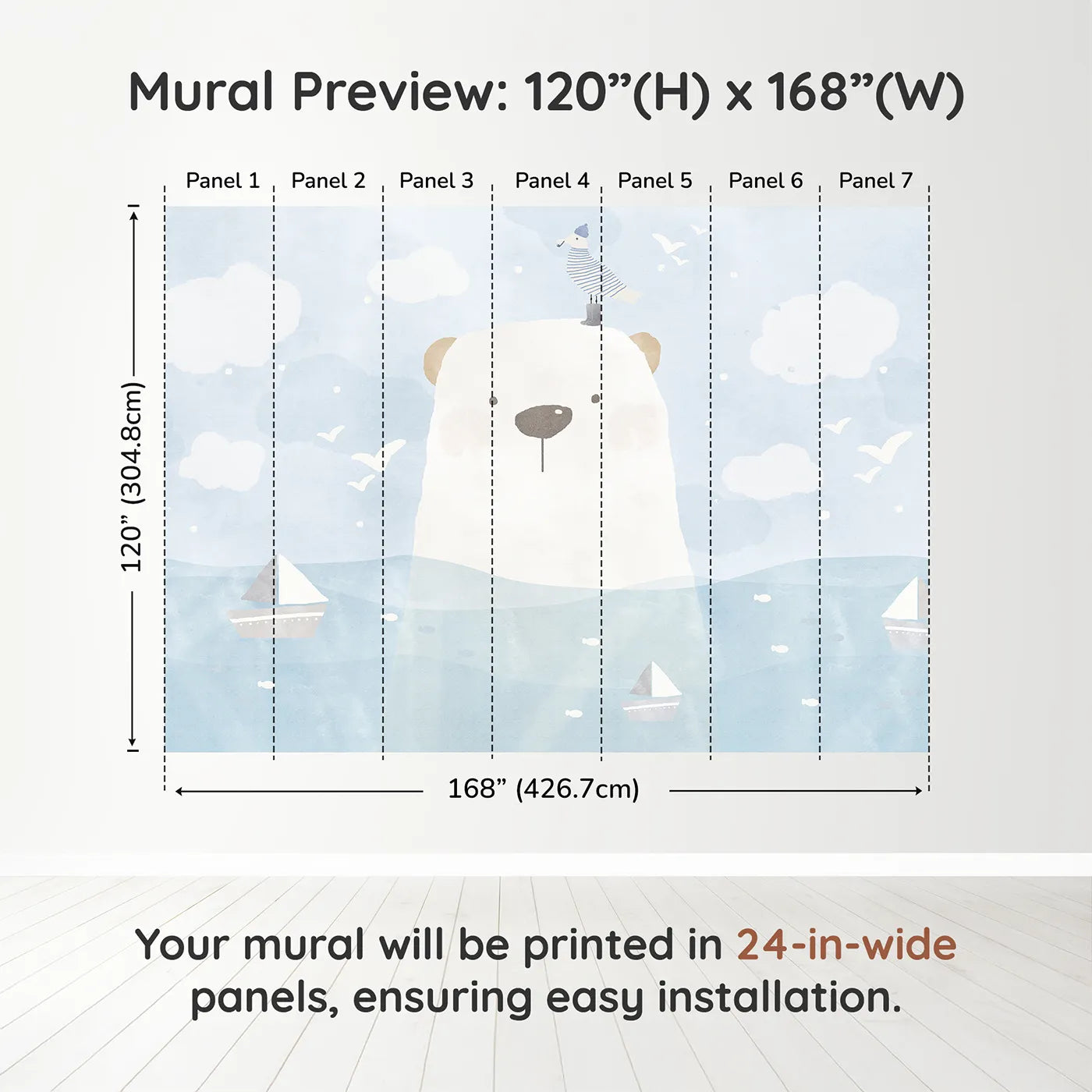Whimsy Tots Polar Bear Sailor Wall Muraldimension view (120" H x 168" W). Printed in seven 24-inch-wide panels. Gender-Neutral