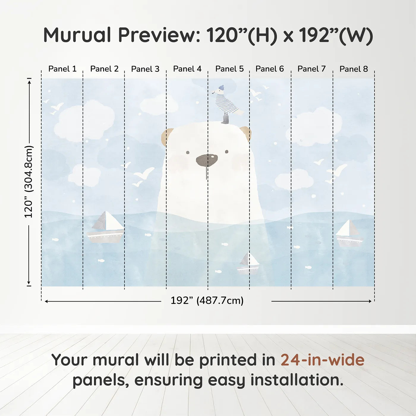 Whimsy Tots Polar Bear Sailor Wall Muraldimension view (120" H x 192" W). Printed in eight 24-inch-wide panels. Gender-Neutral