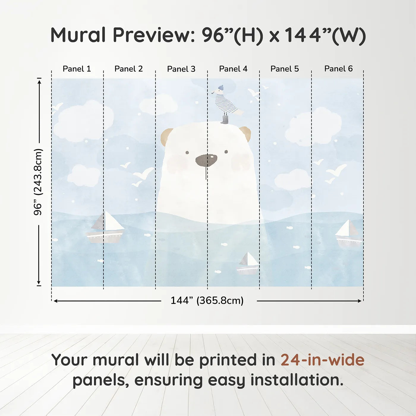 Whimsy Tots Polar Bear Sailor Wall Muraldimension view (96" H x 144" W). Printed in six 24-inch-wide panels. Gender-Neutral