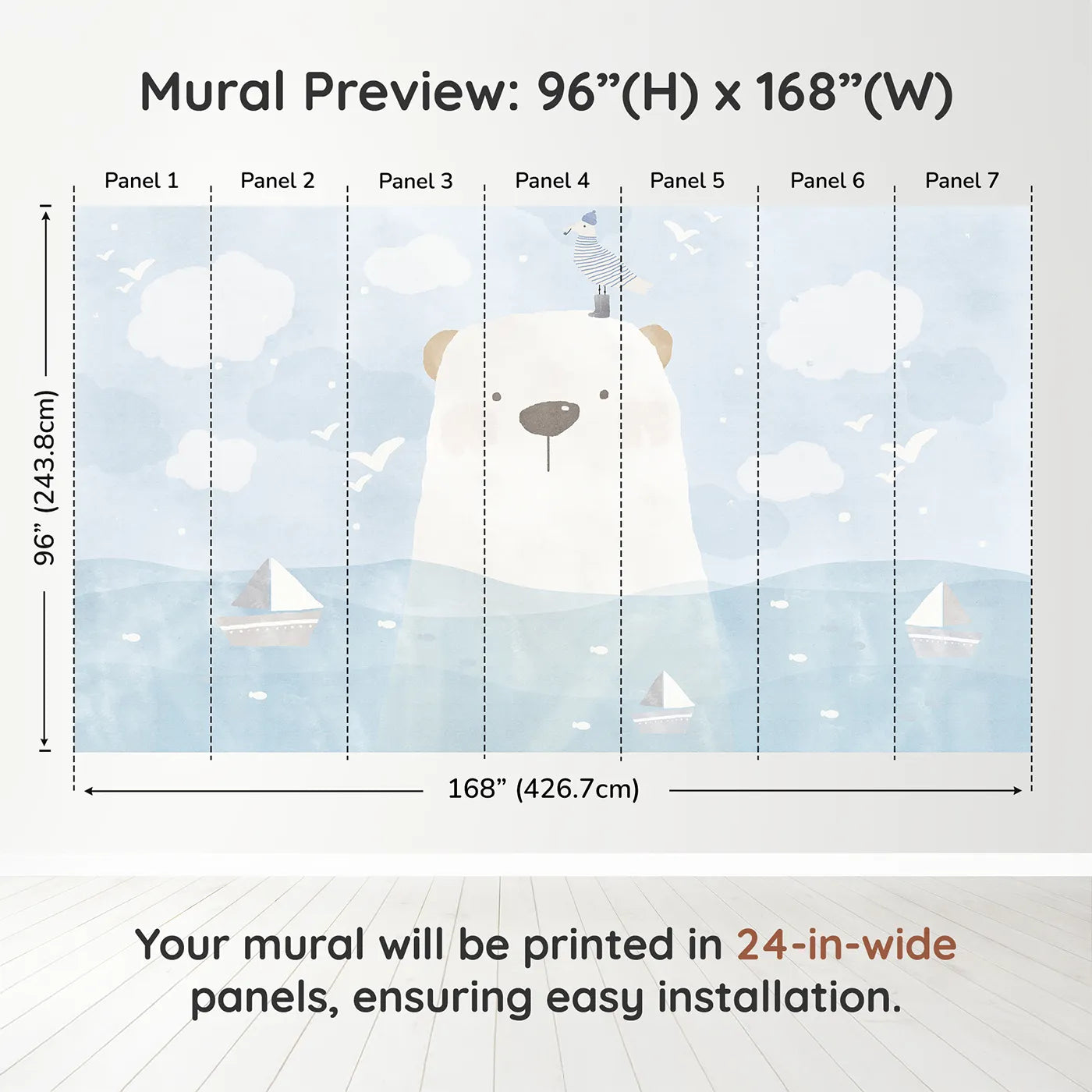 Whimsy Tots Polar Bear Sailor Wall Muraldimension view (96" H x 168" W). Printed in seven 24-inch-wide panels. Gender-Neutral