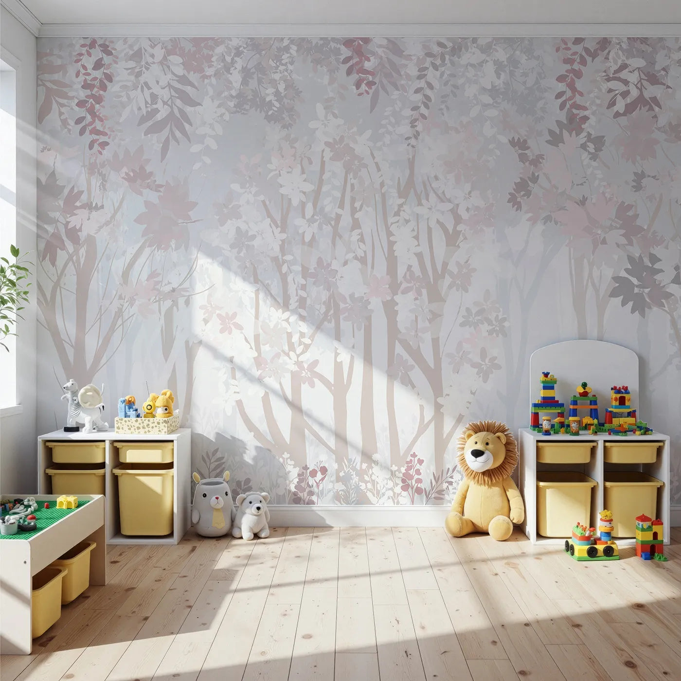 Front view of Whimsy Tots' Misty Blossom Forest Wall Mural