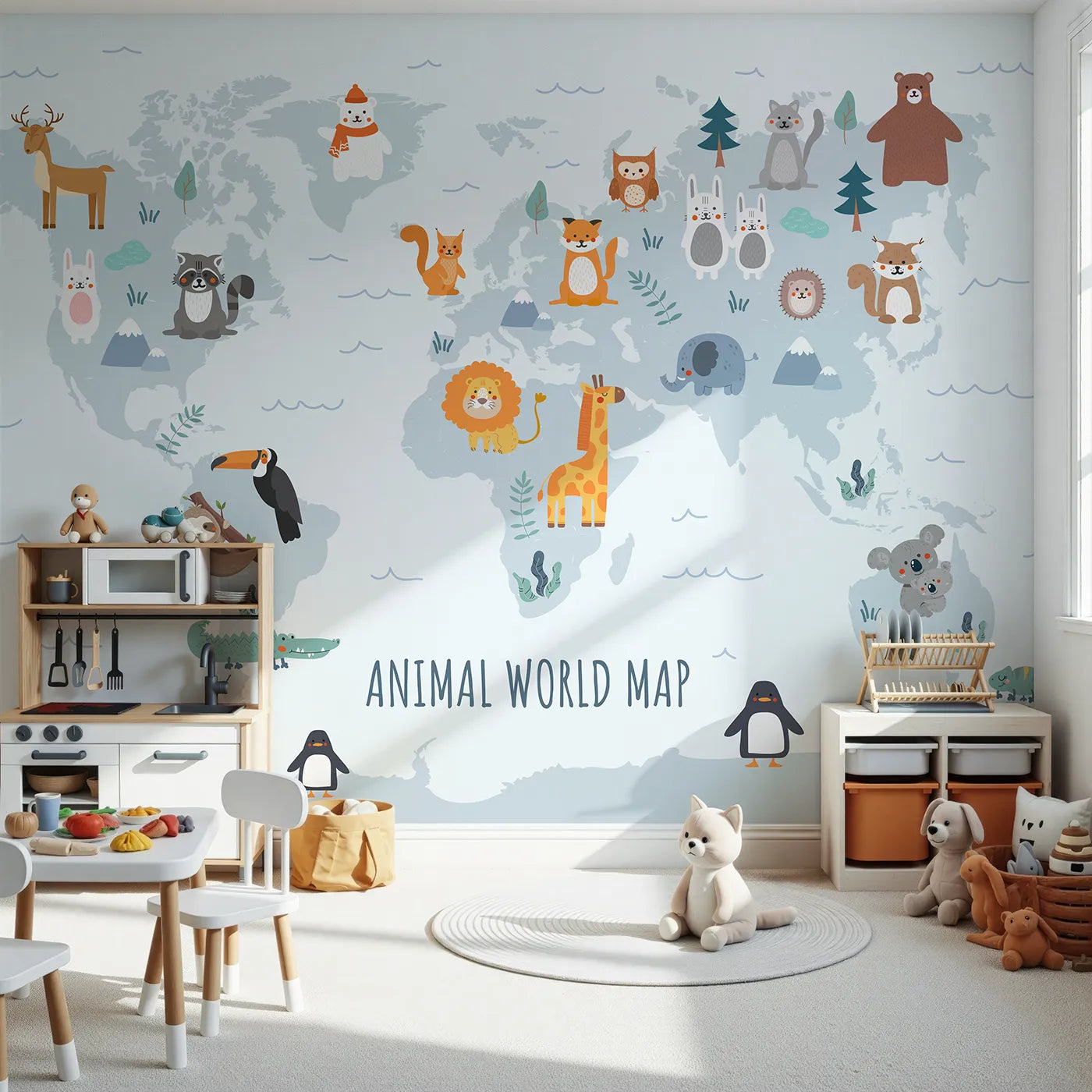 Front view of Whimsy Tots' Animal World Map in Blue Wall Mural