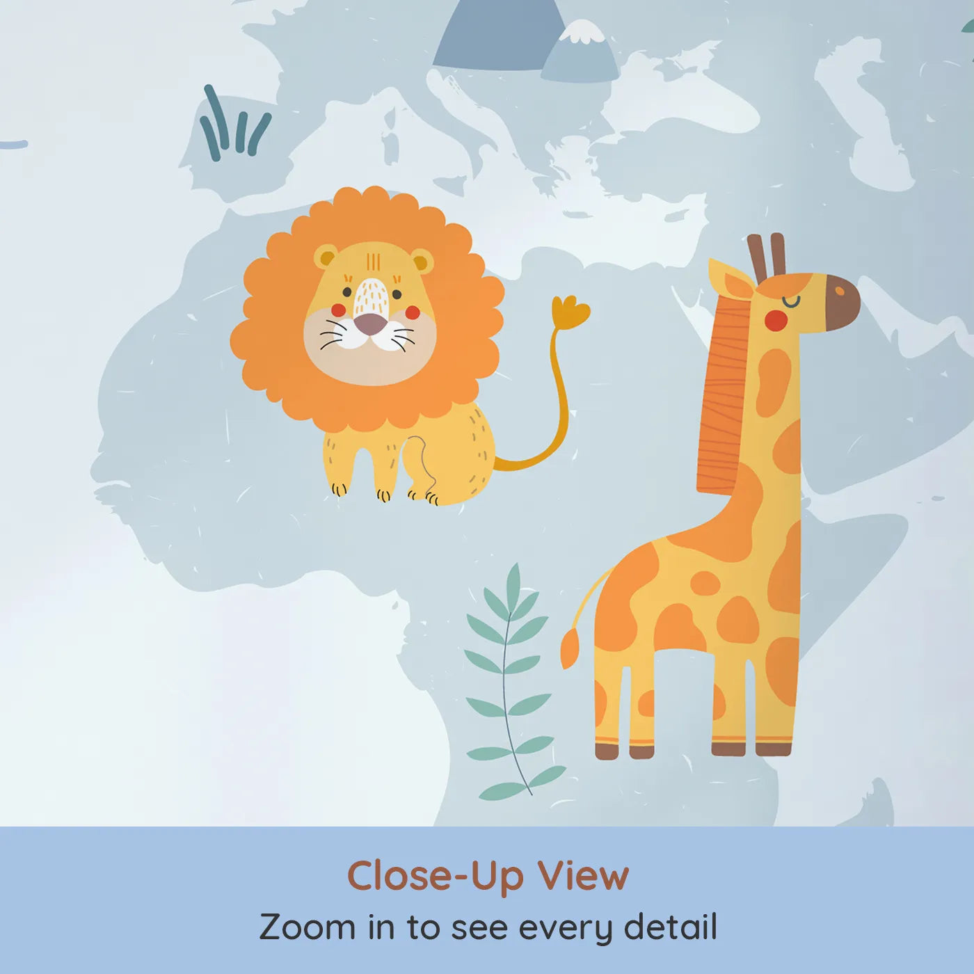 Close-up view of Whimsy Tots' Animal World Map in Blue Wall Mural (Turn Their Room into a Fun and Friendly Global Tour).Gender-Neutral