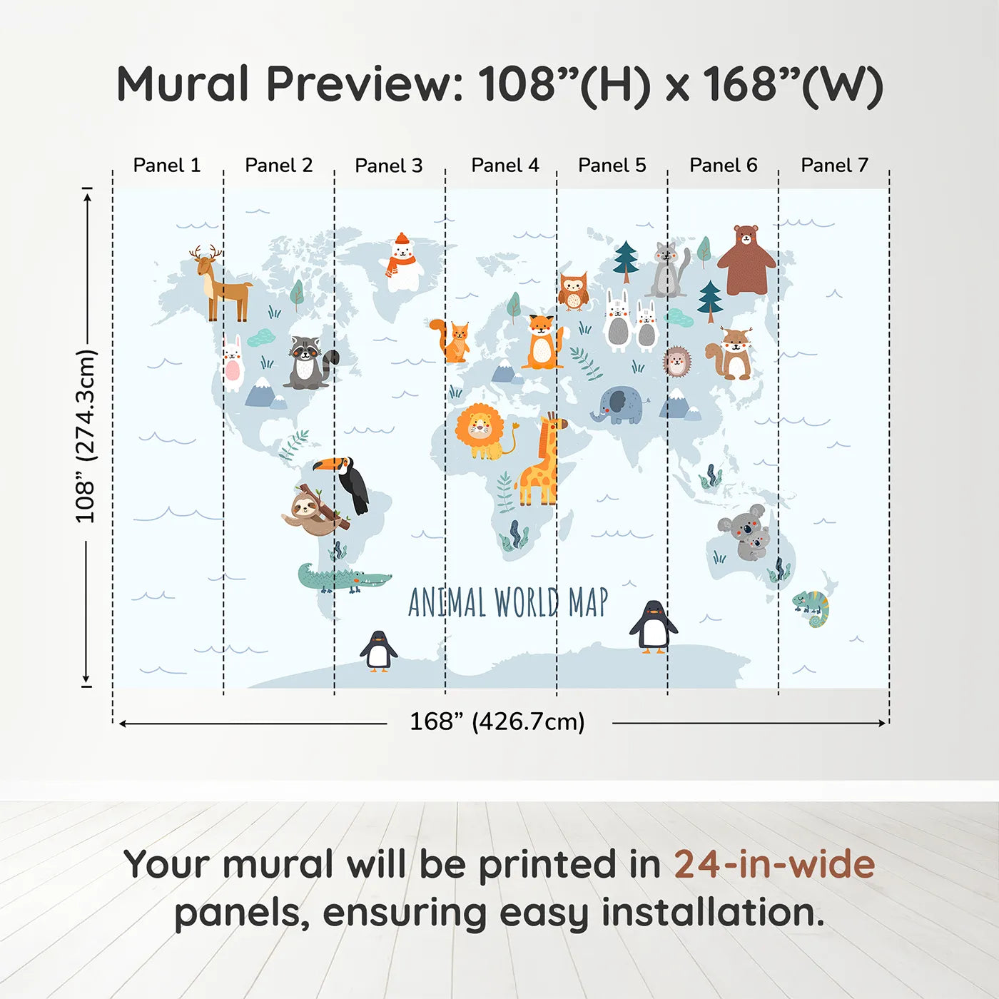 Whimsy Tots Animal World Map in Blue Wall Muraldimension view (108" H x 168" W). Printed in seven 24-inch-wide panels. Gender-Neutral