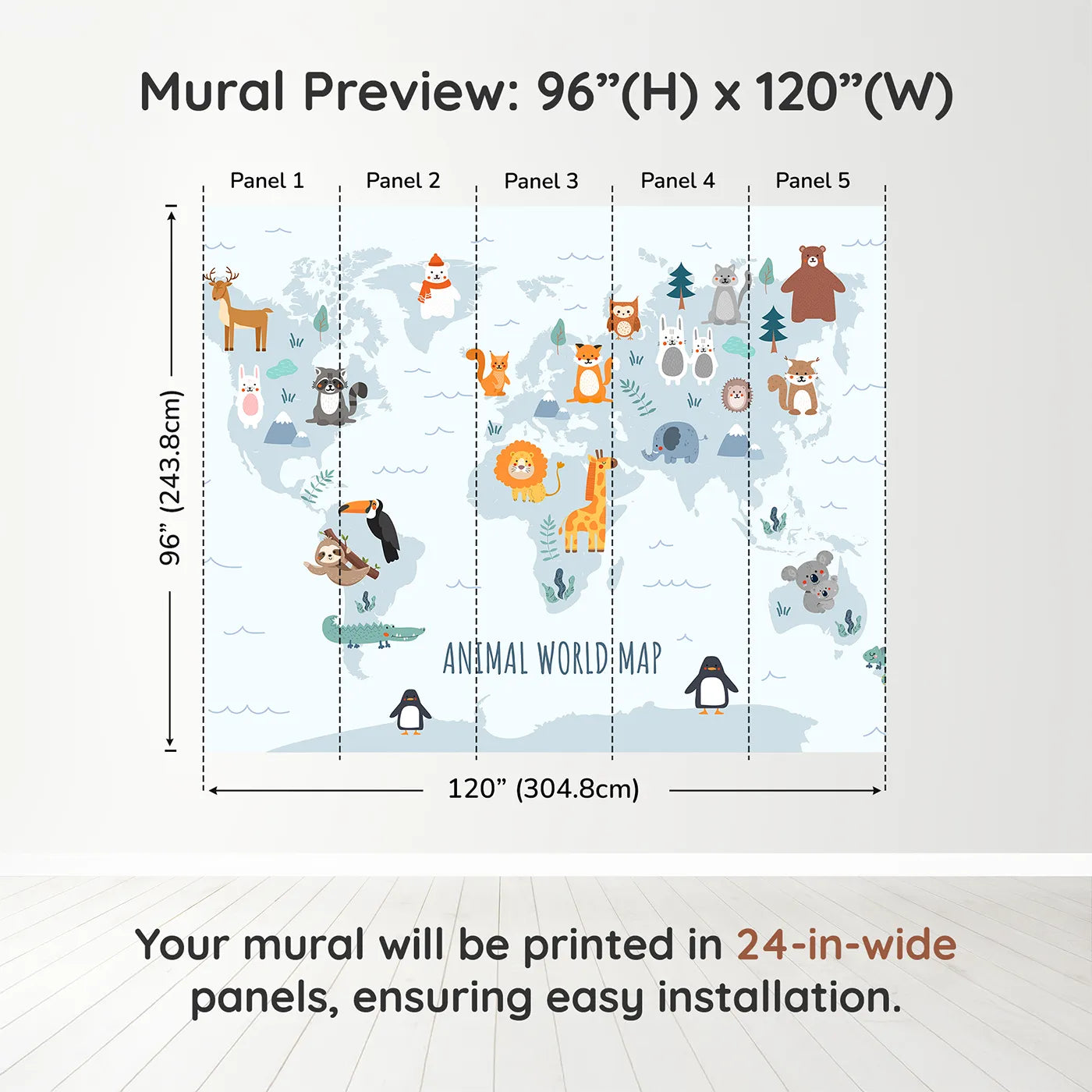 Whimsy Tots Animal World Map in Blue Wall Muraldimension view (96" H x 120" W). Printed in five 24-inch-wide panels. Gender-Neutral