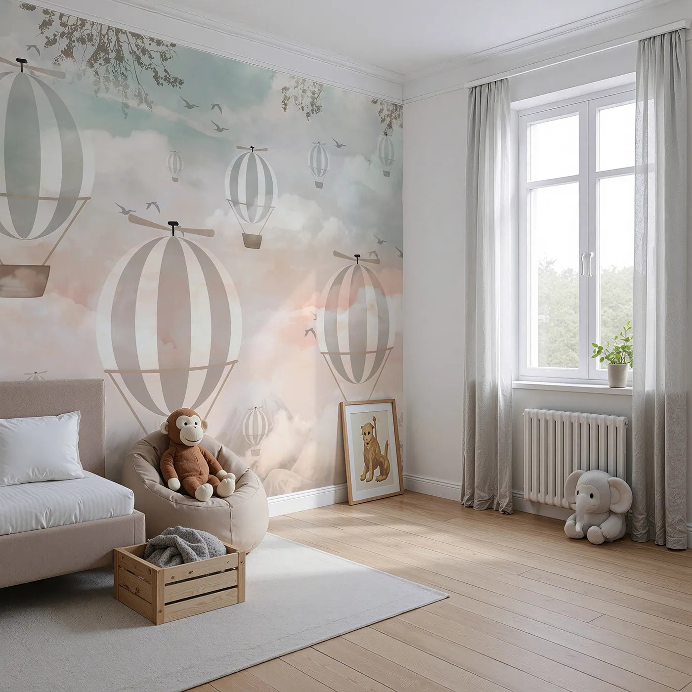 Angled view of Whimsy Tots' Sunset Sky Fleet Wall Mural (Turn Their Room into a Dreamy, High-Flying Adventure).Gender-Neutral