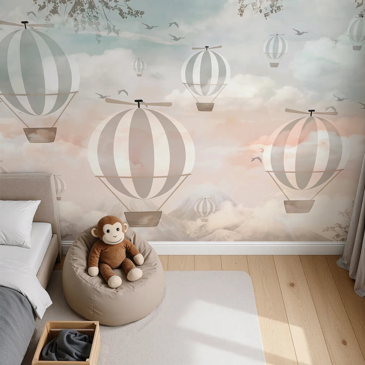 Top-down view of Whimsy Tots' Sunset Sky Fleet Wall Mural (Turn Their Room into a Dreamy, High-Flying Adventure).Gender-Neutral