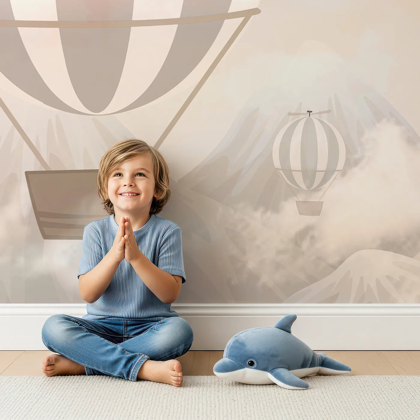 Child in front of Whimsy Tots Sunset Sky Fleet Wall Mural with balloon, vintage, sky, cloud, sunset, retro, pink, orange in design.