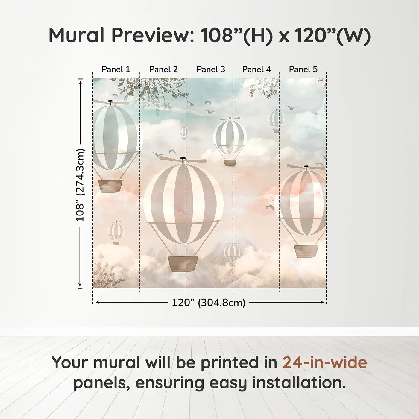 Whimsy Tots Sunset Sky Fleet Wall Muraldimension view (108" H x 120" W). Printed in five 24-inch-wide panels. Gender-Neutral