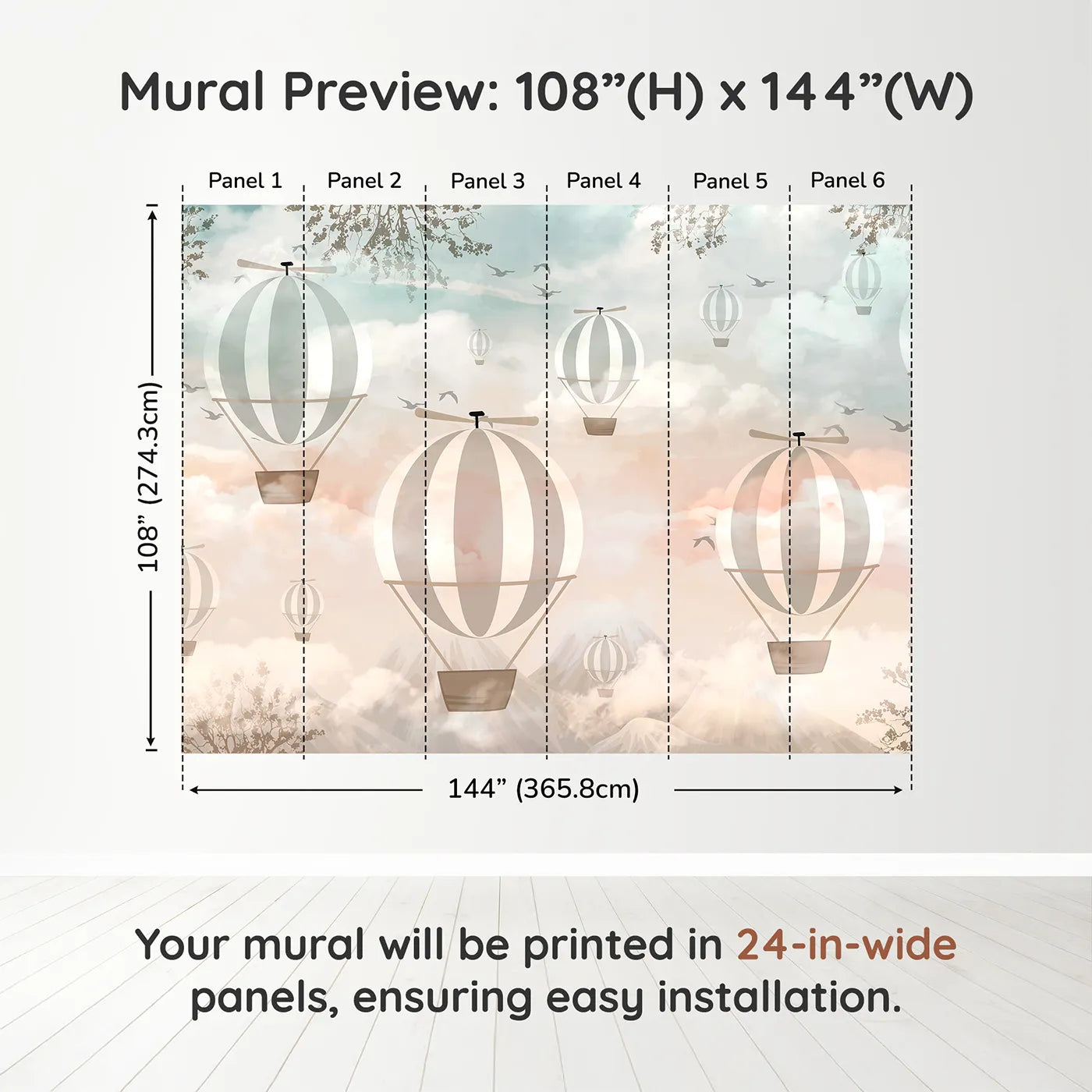 Whimsy Tots Sunset Sky Fleet Wall Muraldimension view (108" H x 144" W). Printed in six 24-inch-wide panels. Gender-Neutral