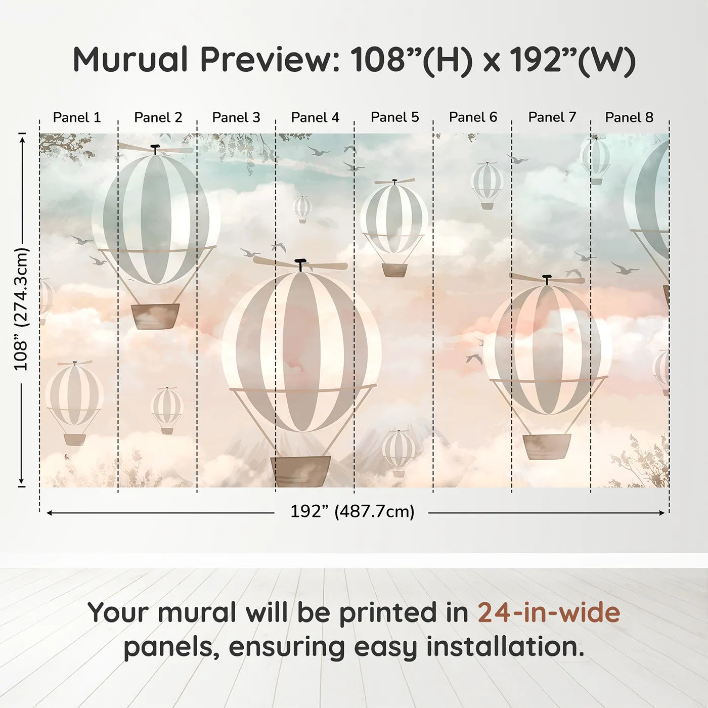 Whimsy Tots Sunset Sky Fleet Wall Muraldimension view (108" H x 192" W). Printed in eight 24-inch-wide panels. Gender-Neutral