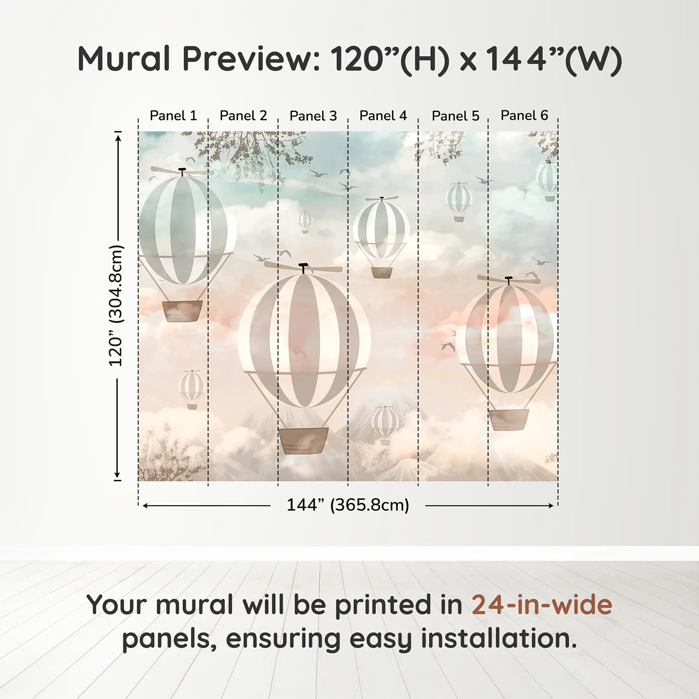 Whimsy Tots Sunset Sky Fleet Wall Muraldimension view (120" H x 144" W). Printed in six 24-inch-wide panels. Gender-Neutral
