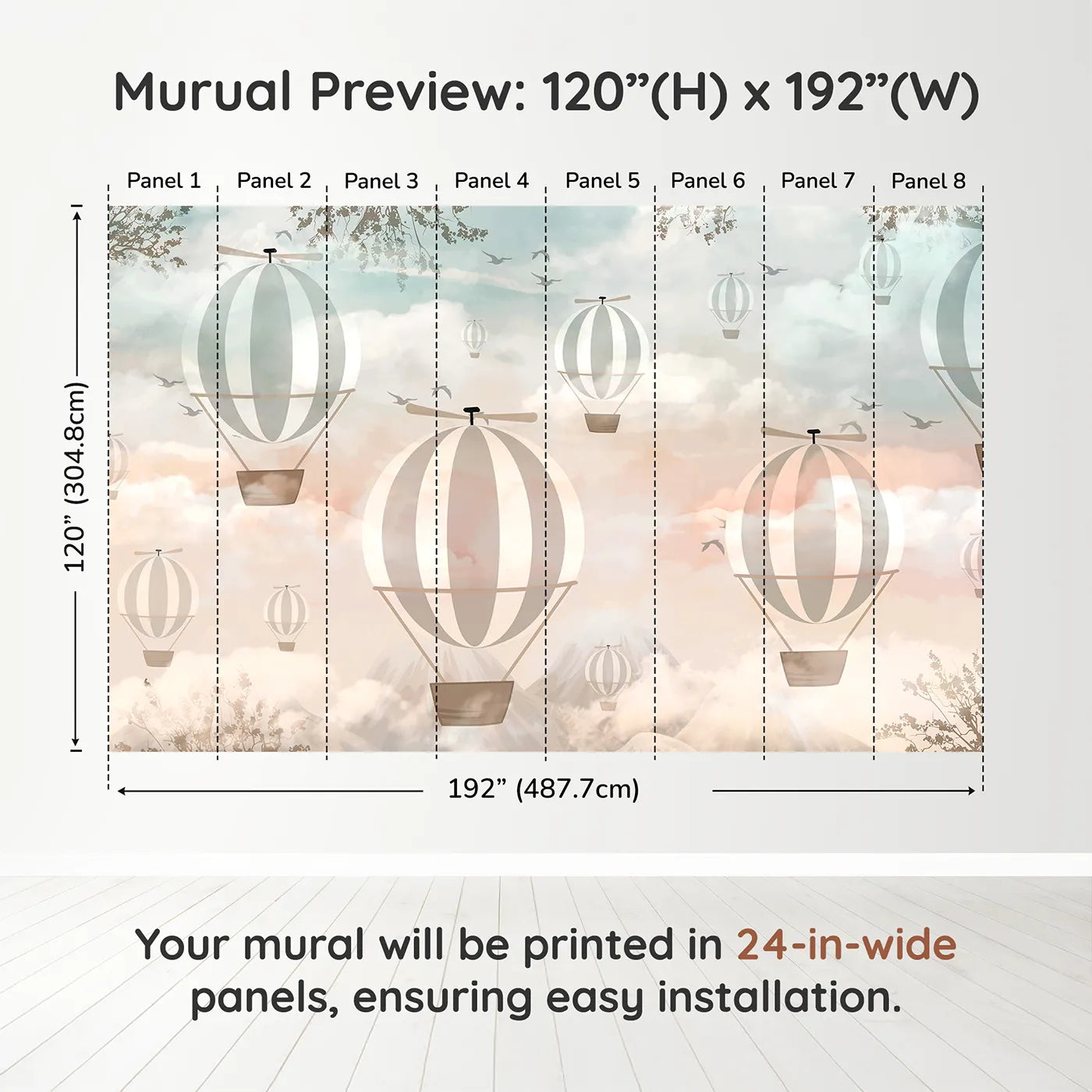Whimsy Tots Sunset Sky Fleet Wall Muraldimension view (120" H x 192" W). Printed in eight 24-inch-wide panels. Gender-Neutral