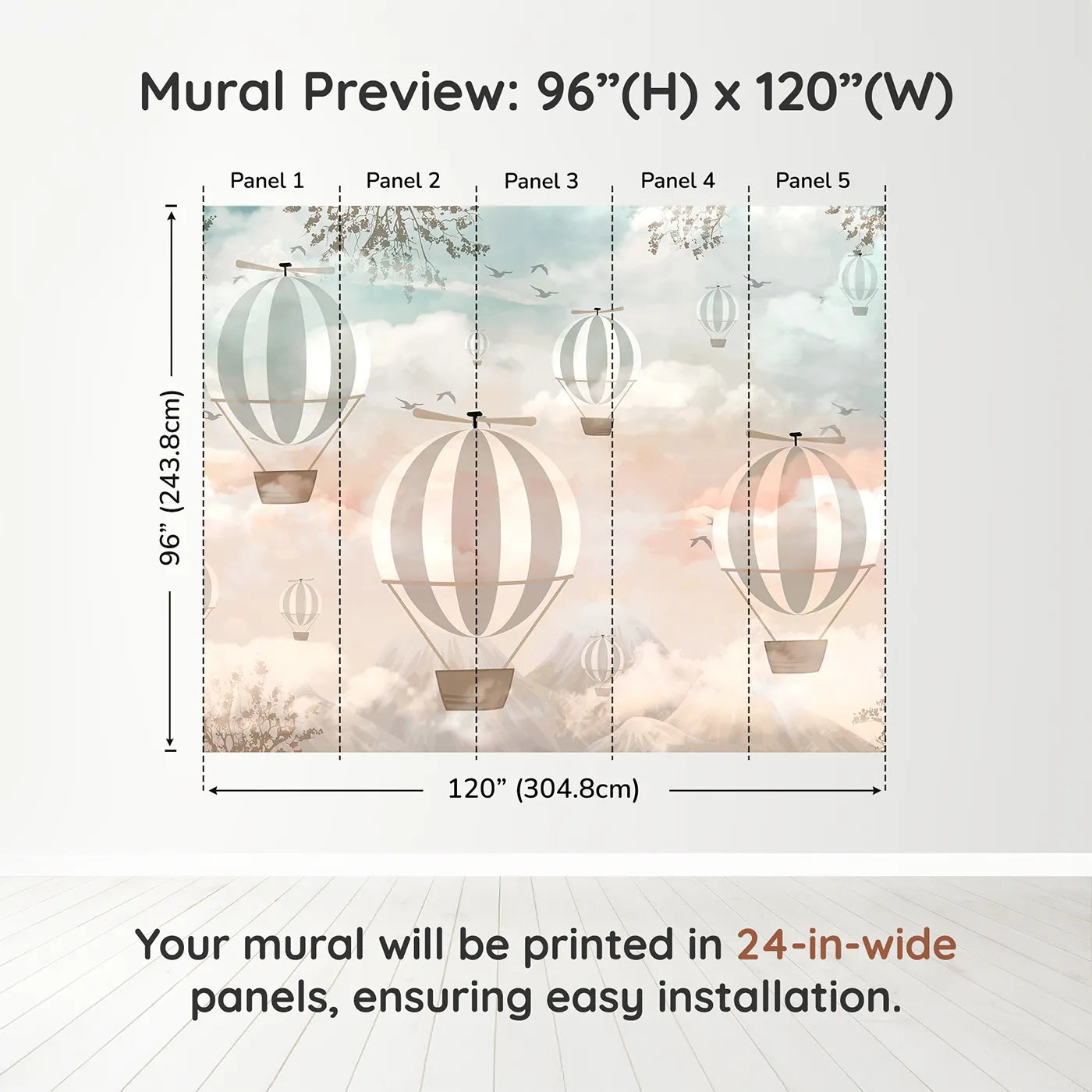 Whimsy Tots Sunset Sky Fleet Wall Muraldimension view (96" H x 120" W). Printed in five 24-inch-wide panels. Gender-Neutral