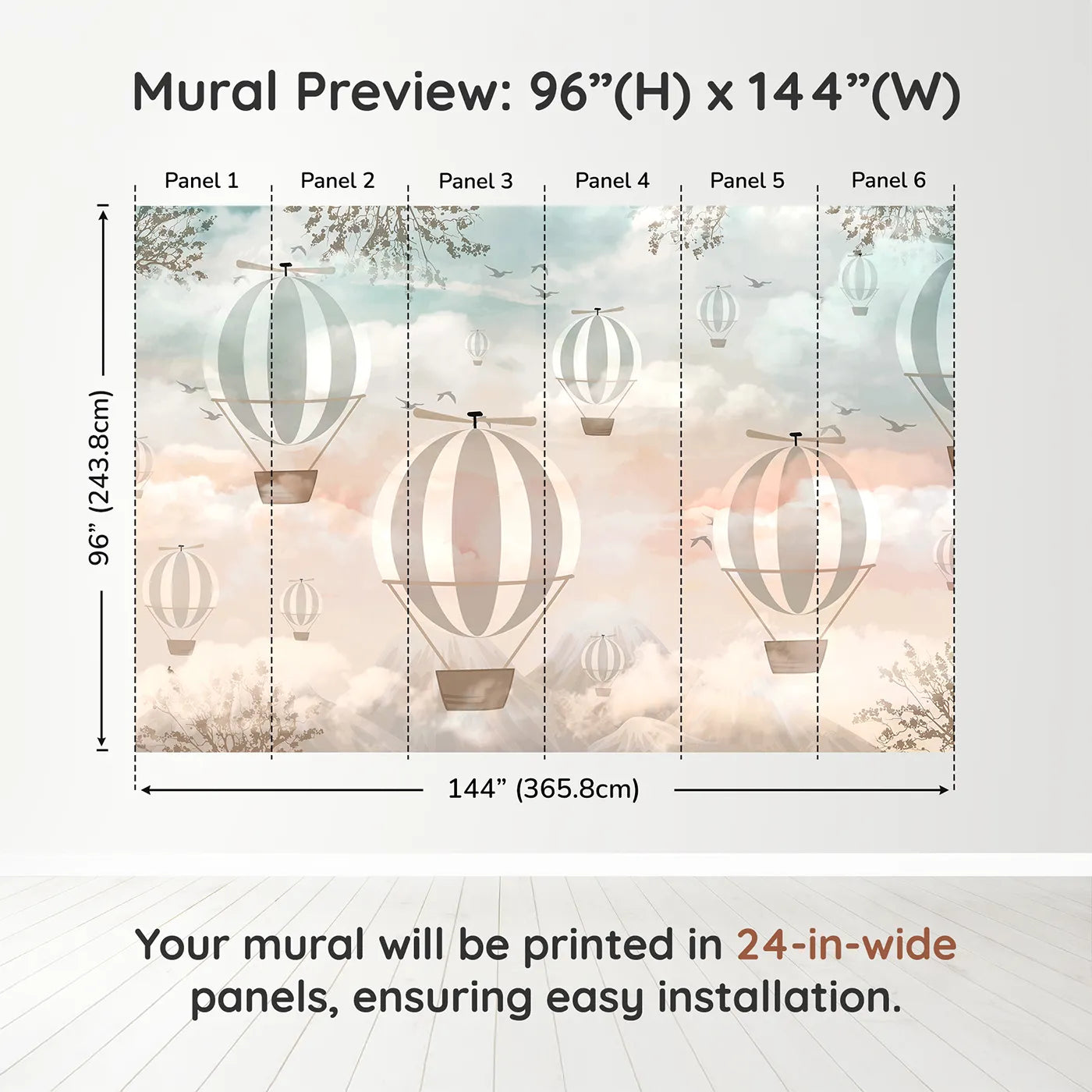 Whimsy Tots Sunset Sky Fleet Wall Muraldimension view (96" H x 144" W). Printed in six 24-inch-wide panels. Gender-Neutral