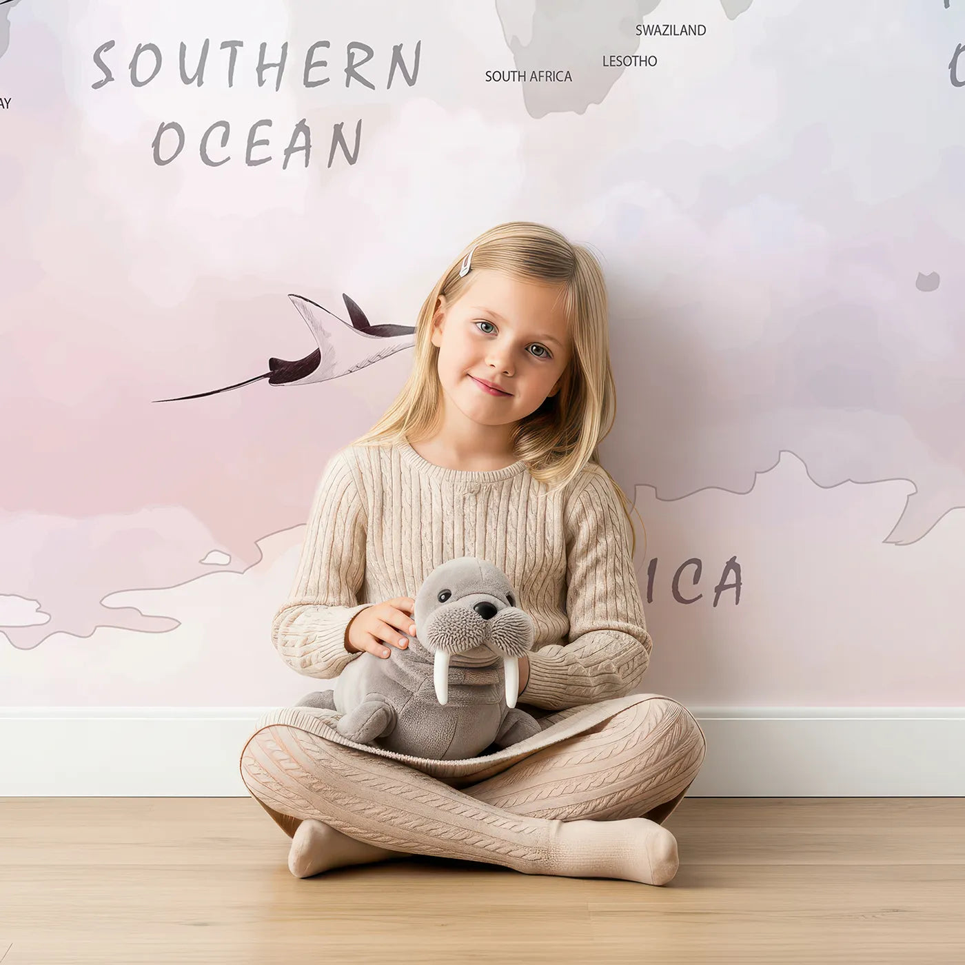 Child in front of Whimsy Tots Vintage Pet Aviator World Map Wall Mural with map, world, animal, airplane, vintage, travel, educational, dog in design.