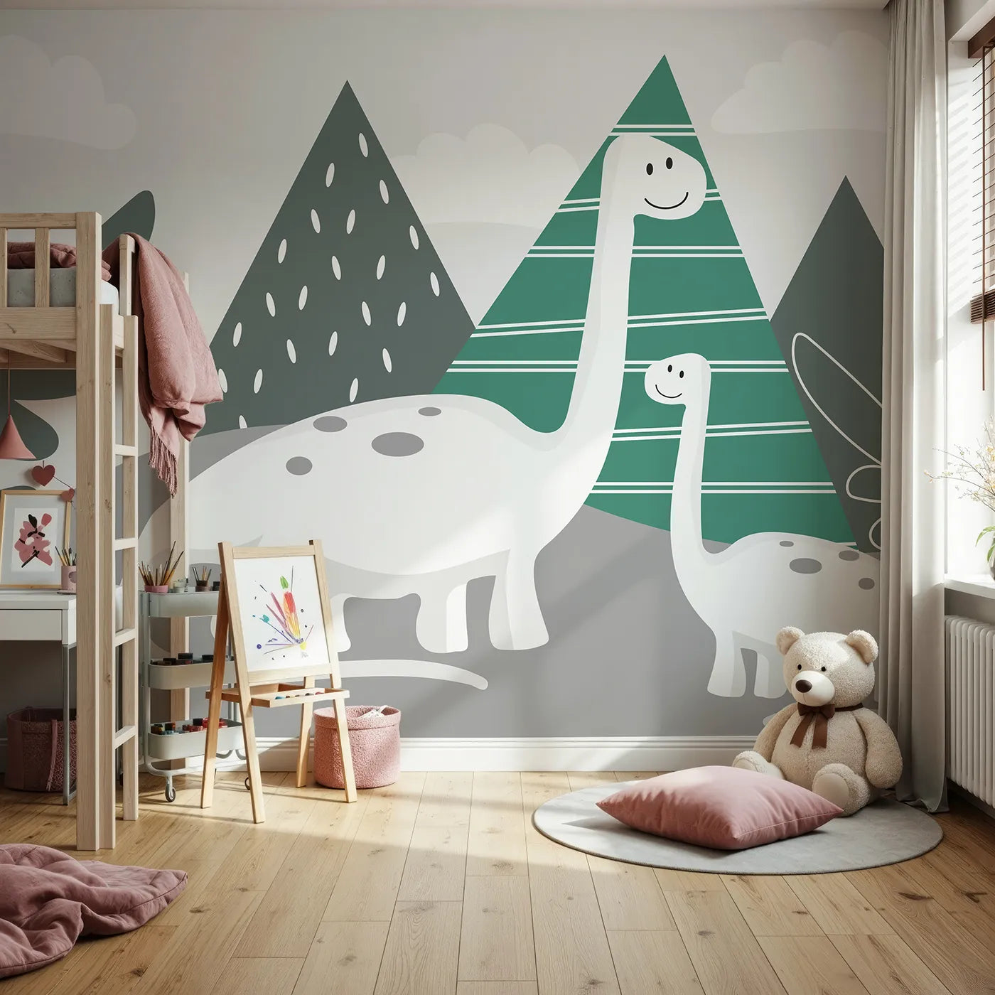 Front view of Whimsy Tots' Minimalist Dinosaur Friends Wall Mural