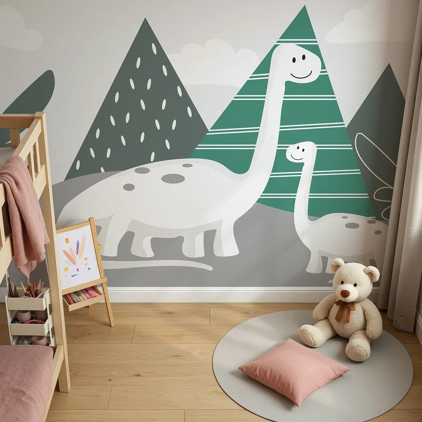 Top-down view of Whimsy Tots' Minimalist Dinosaur Friends Wall Mural (Turn Their Room into a Calm and Gentle Prehistoric Playground).Gender-Neutral