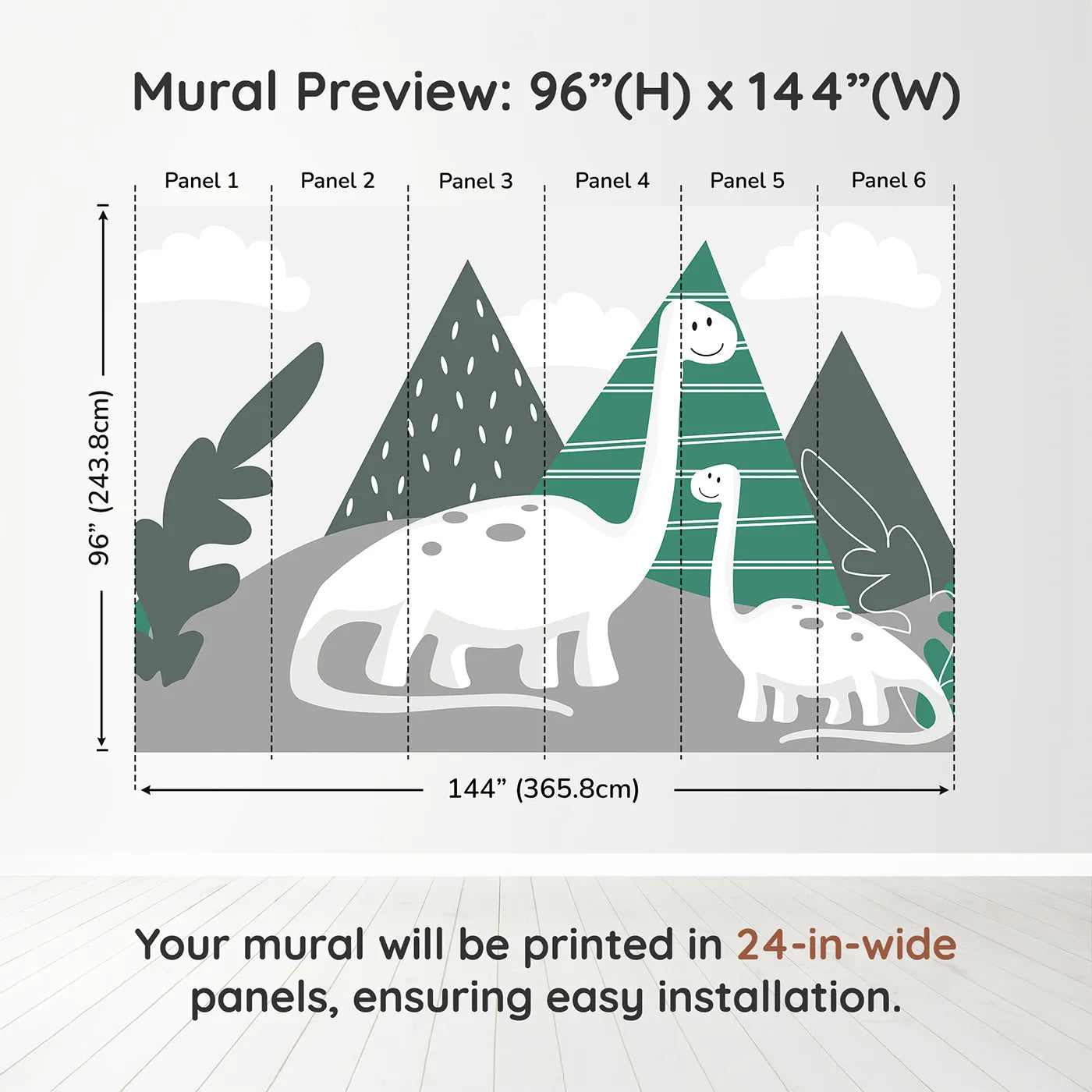 Whimsy Tots Minimalist Dinosaur Friends Wall Muraldimension view (96" H x 144" W). Printed in six 24-inch-wide panels. Gender-Neutral