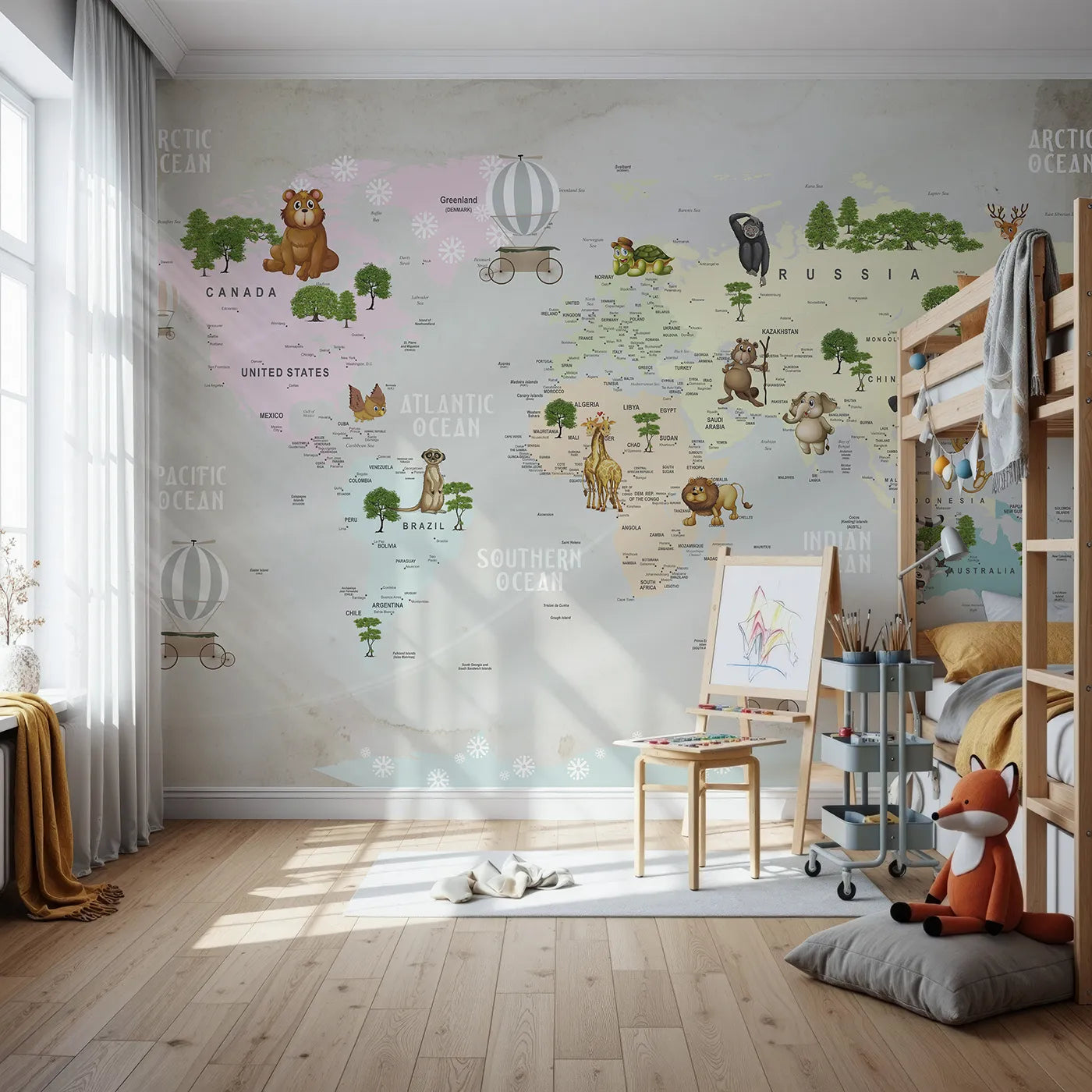 Front view of Whimsy Tots' Animal Hot Air Balloon World Map Wall Mural