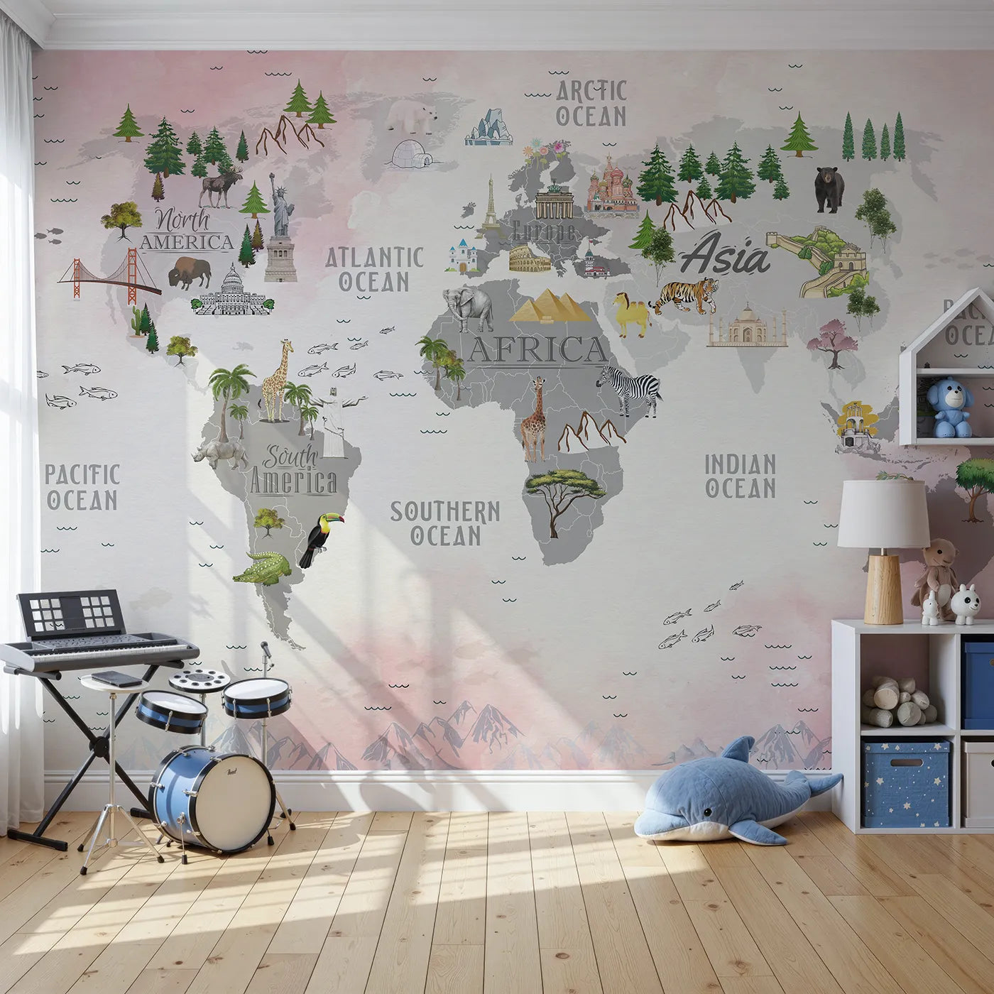 Front view of Whimsy Tots' Landmark World Map Wall Mural